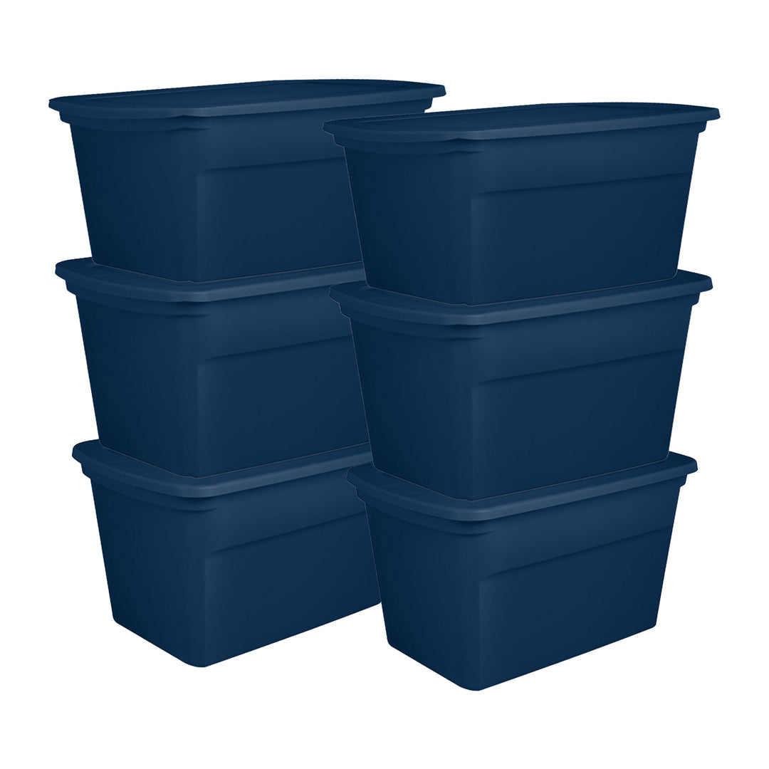 Sterilite Classic Lidded Stackable 30 Gal Storage Tote Container, Blue, 6 Pack