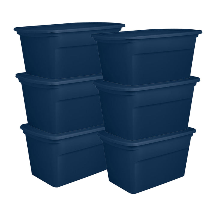 Sterilite Classic Lidded Stackable 30 Gal Storage Tote Container, Blue, 6 Pack