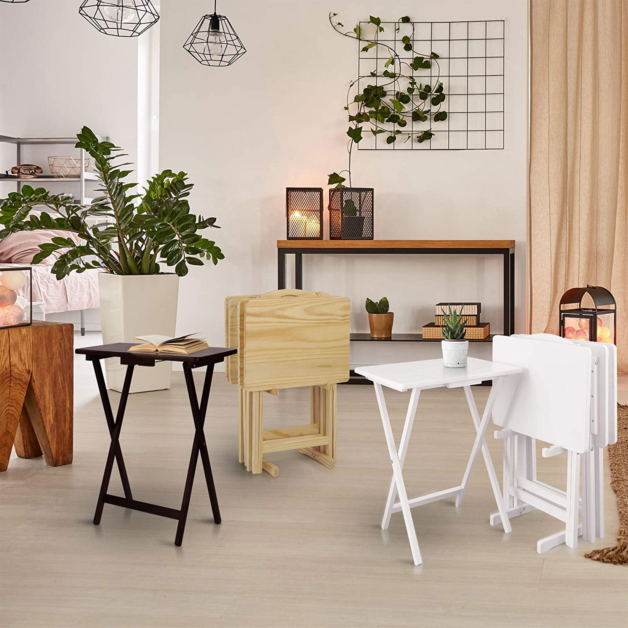 Casual Home Solid Wood Folding Tray Table with Storage Stand, 4 Pc (Open Box) - VMInnovations