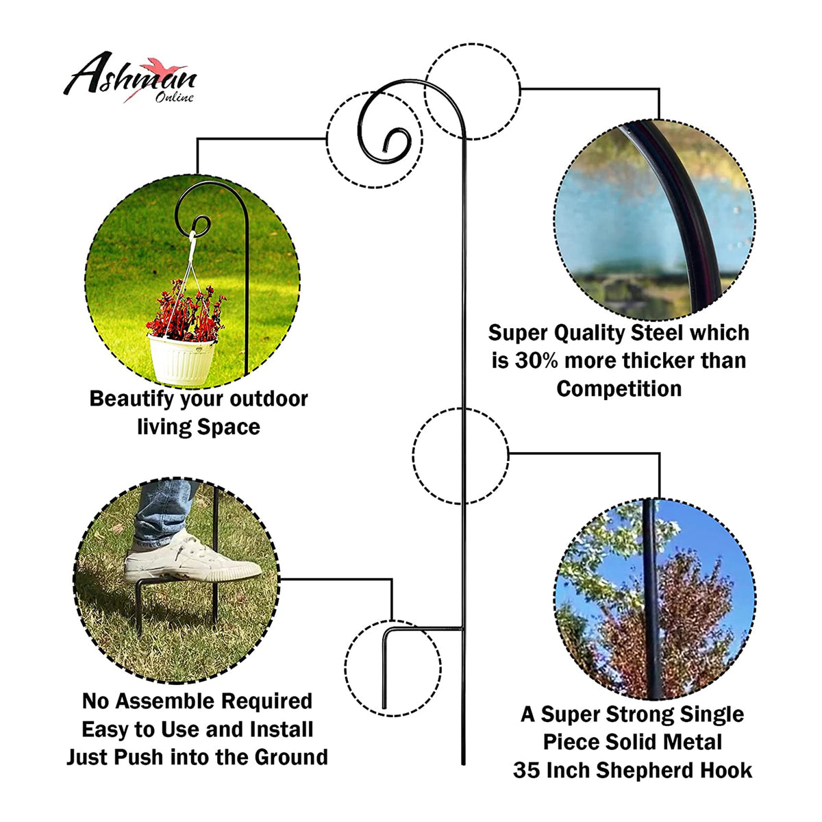 Ashman 36 Inch Curled Shepherd's Hook Premium Metal Garden Plant Hanger (6 Pack)