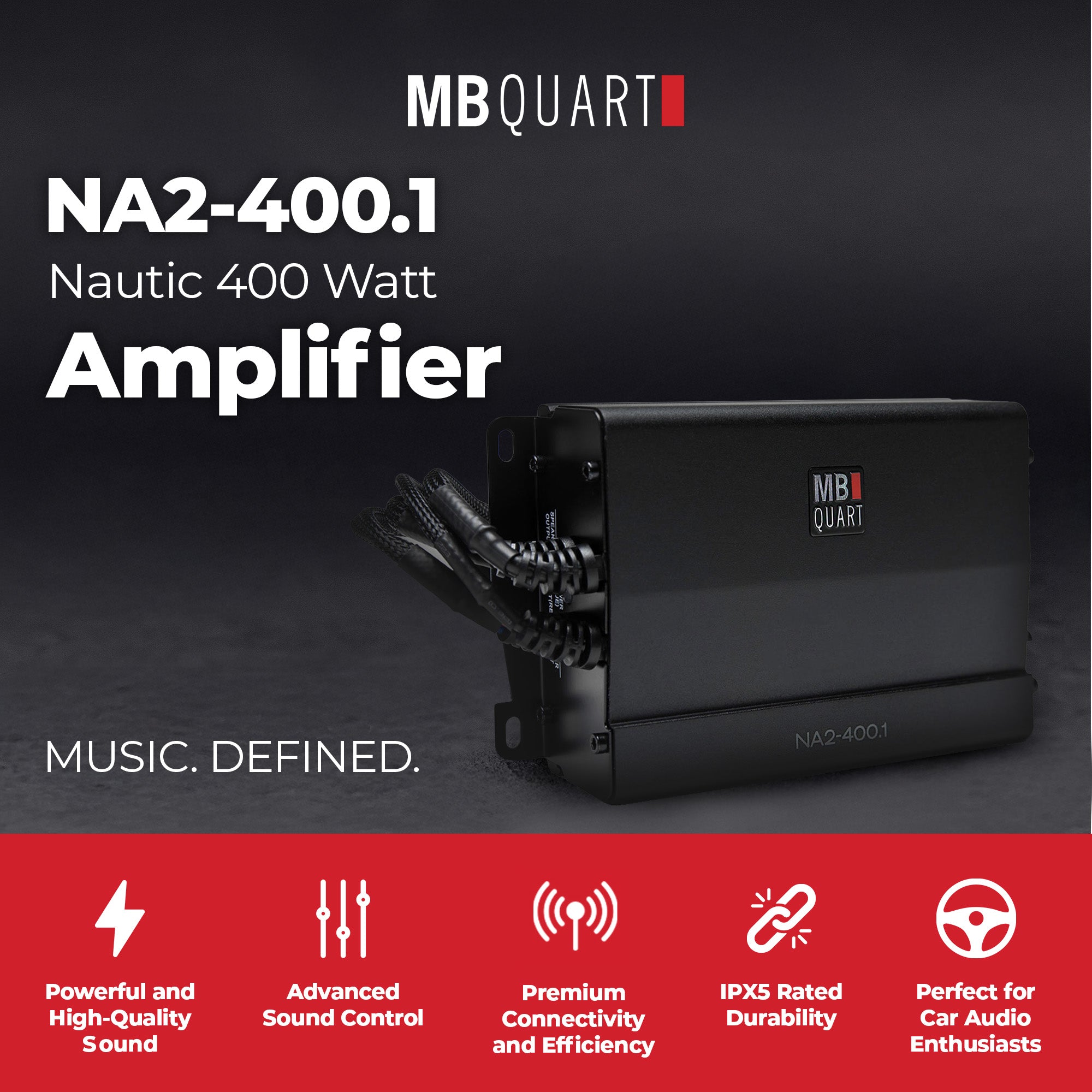 MB Quart Marine Powersports Nautic 1 Channel 400 Watt Class D Amplifier, Black - VMInnovations
