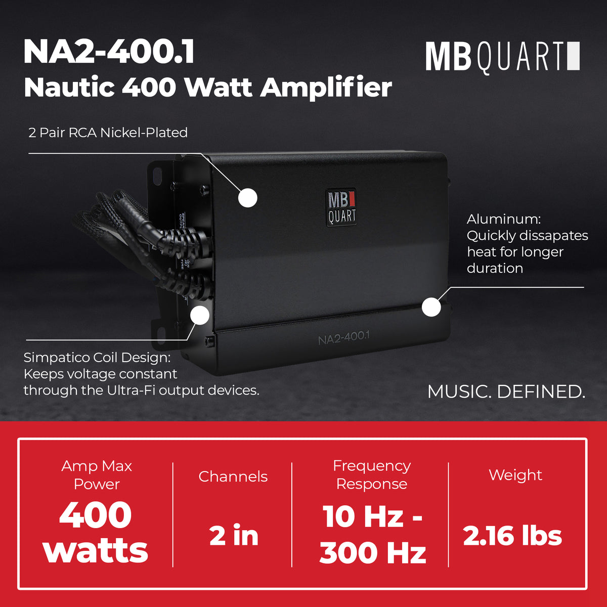MB Quart Marine Powersports Nautic 1 Channel 400 Watt Class D Amplifier, Black