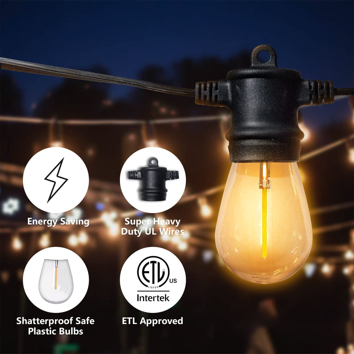 Banord LED 48 Foot 1 Watt String Lights, 16 Shatterproof Bulbs (Open Box)