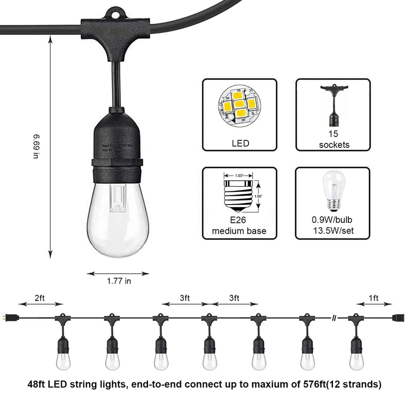 Banord LED 48 Foot 2 Watt String Lights, 17 Shatterproof Bulbs for Outdoor Use