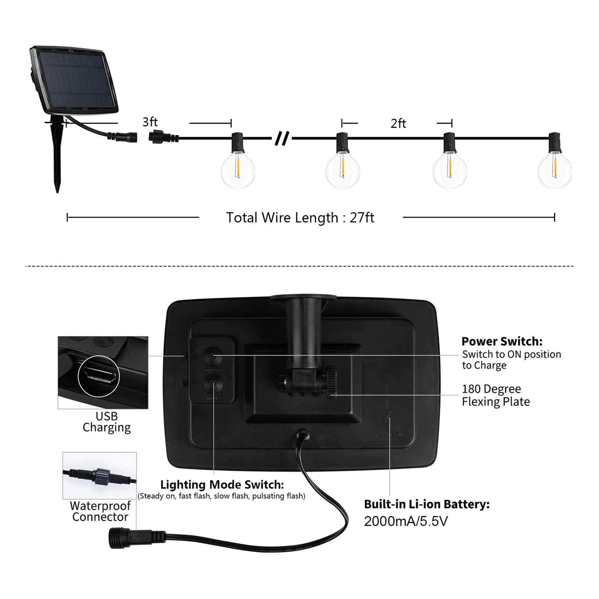 Banord 27 Ft Solar String Lights w/ Shatterproof Bulbs for Outdoor Use (3 Pack)