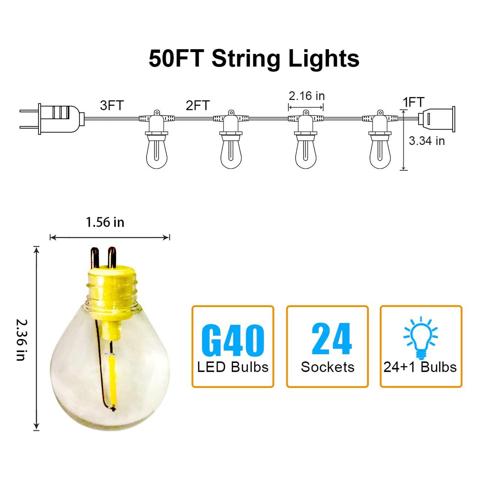 Banord LED 50 Foot String Lights, Edison Style Bulbs for Outdoor Use (Used)