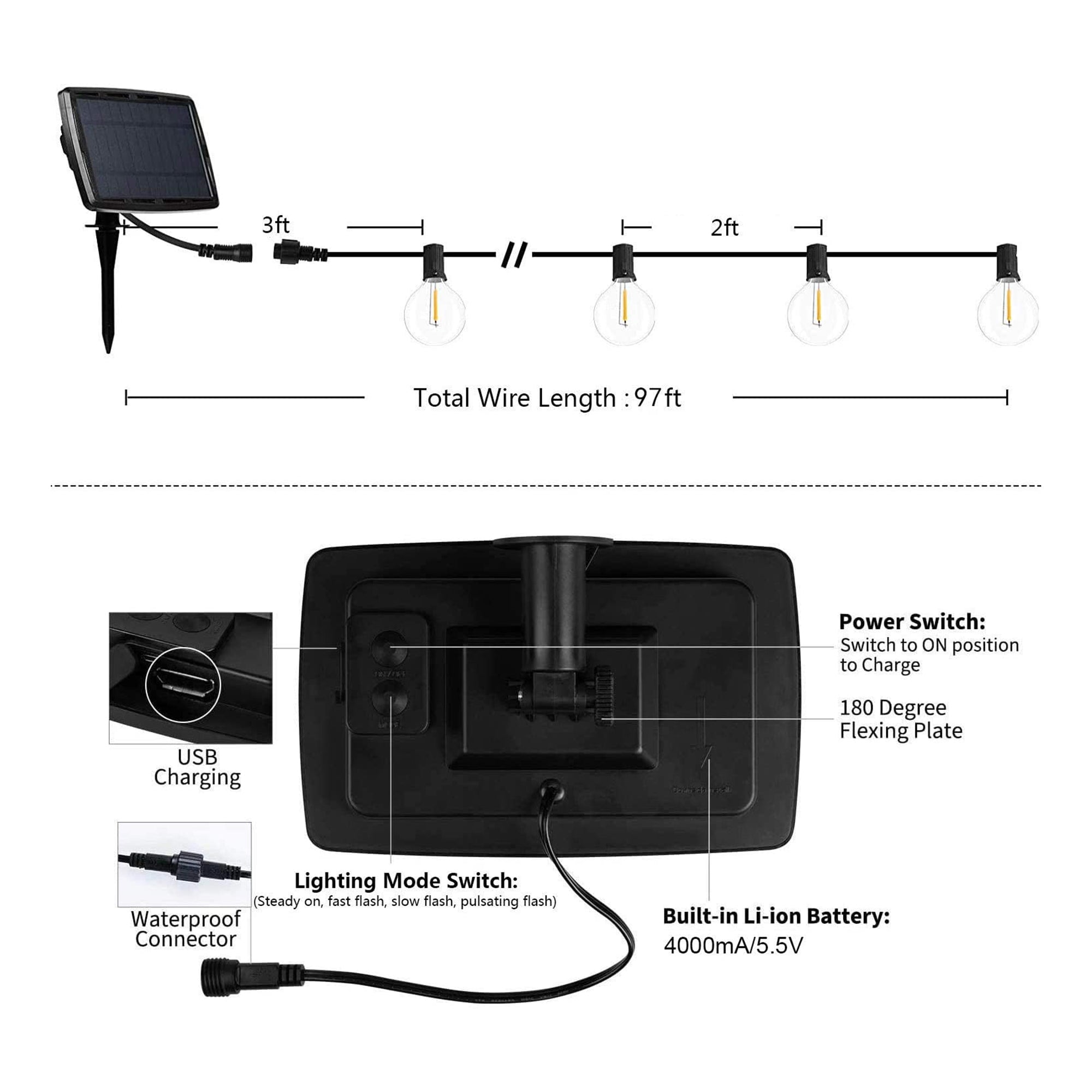 Banord LED 97 Foot Outdoor Solar String Lights, 43 Shatterproof Bulbs, (2 Pack)