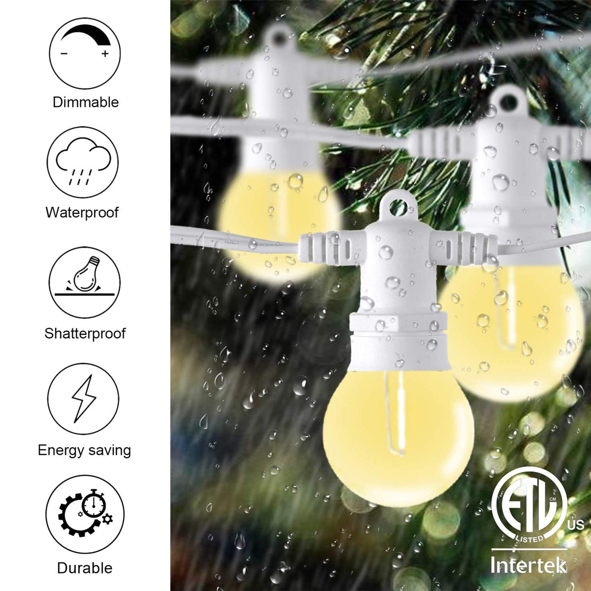 Banord LED 100 Foot String Lights, 50 Shatterproof White Bulbs for Outdoor Use