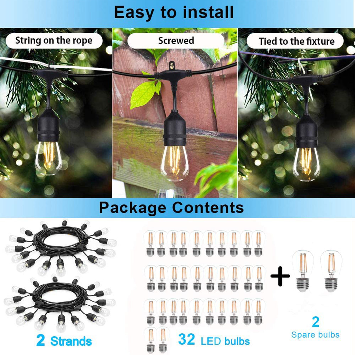 Banord LED 48 Foot String Lights, 16 Warm White Bulbs for Outdoor Use, 4 Pack