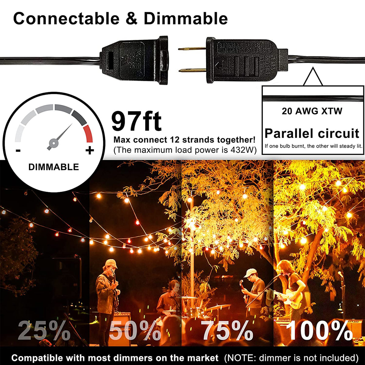 Banord LED 97 Foot Diamond String Lights, 48 Shatterproof Bulbs for Outdoor Use