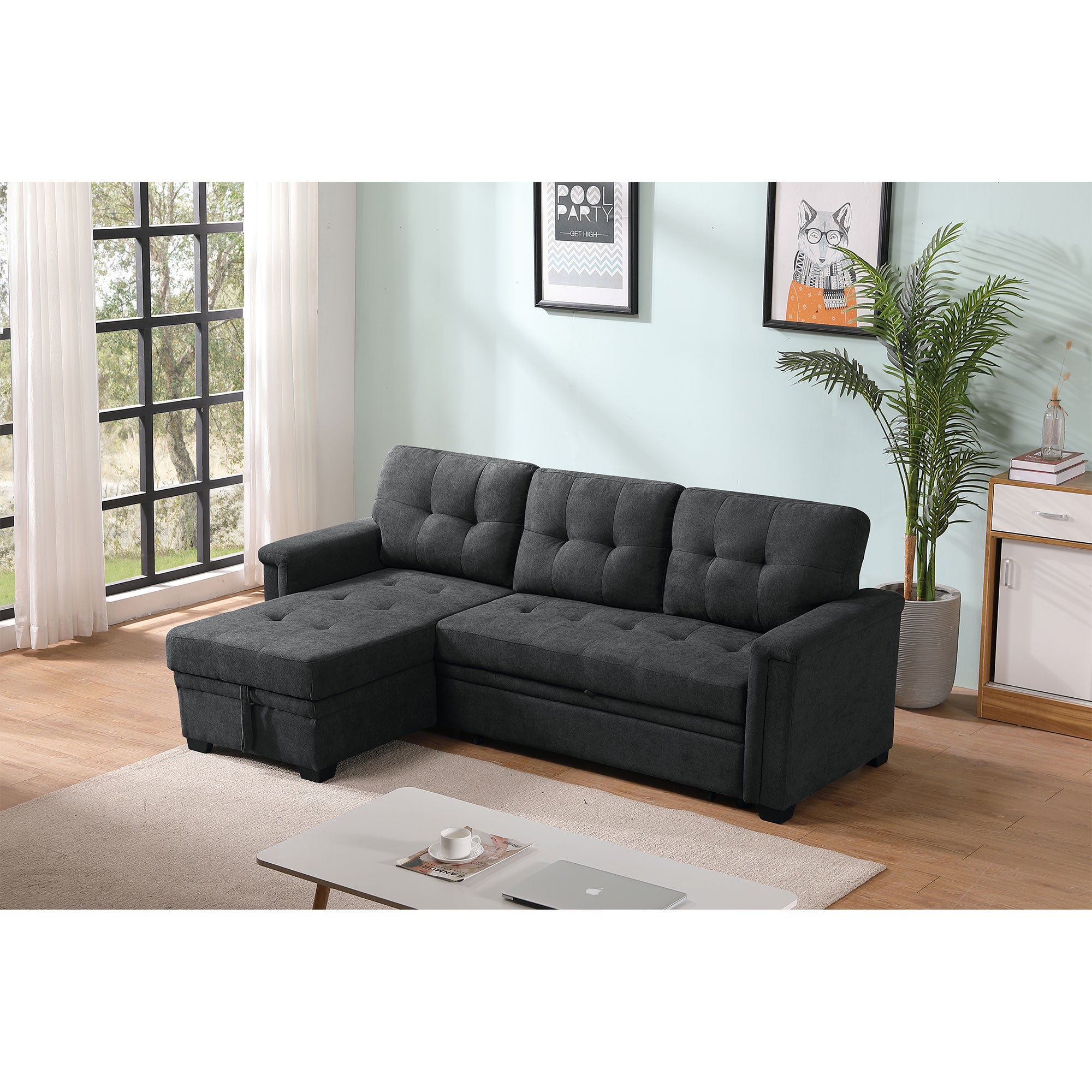 Lilola Home Ashlyn Contemporary Upholstered Sectional Sofa Sleeper, Dark Gray