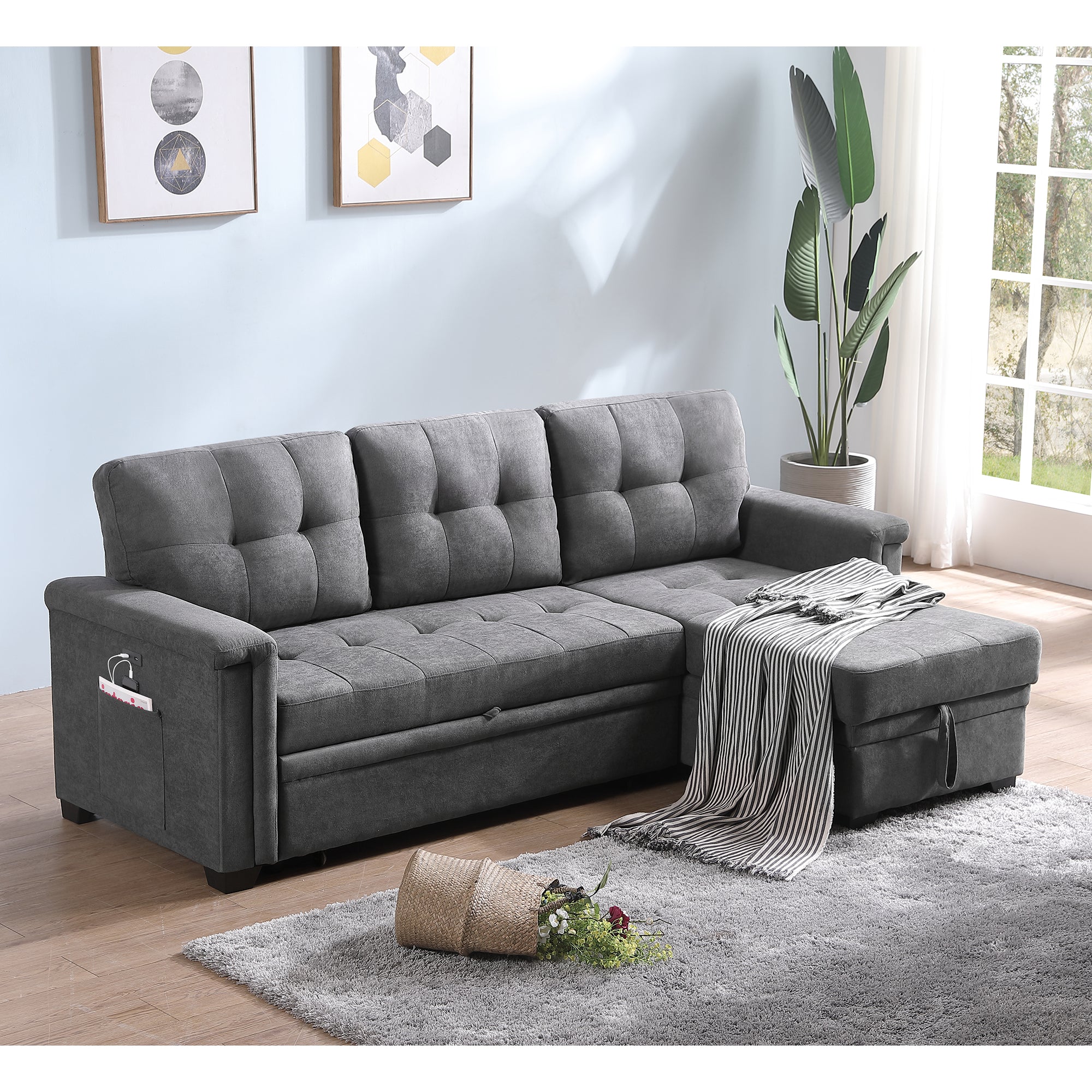 Lilola House Ashlyn Woven Fabric Sleeper Sectional Sofa Chaise, USB Plug, Gray