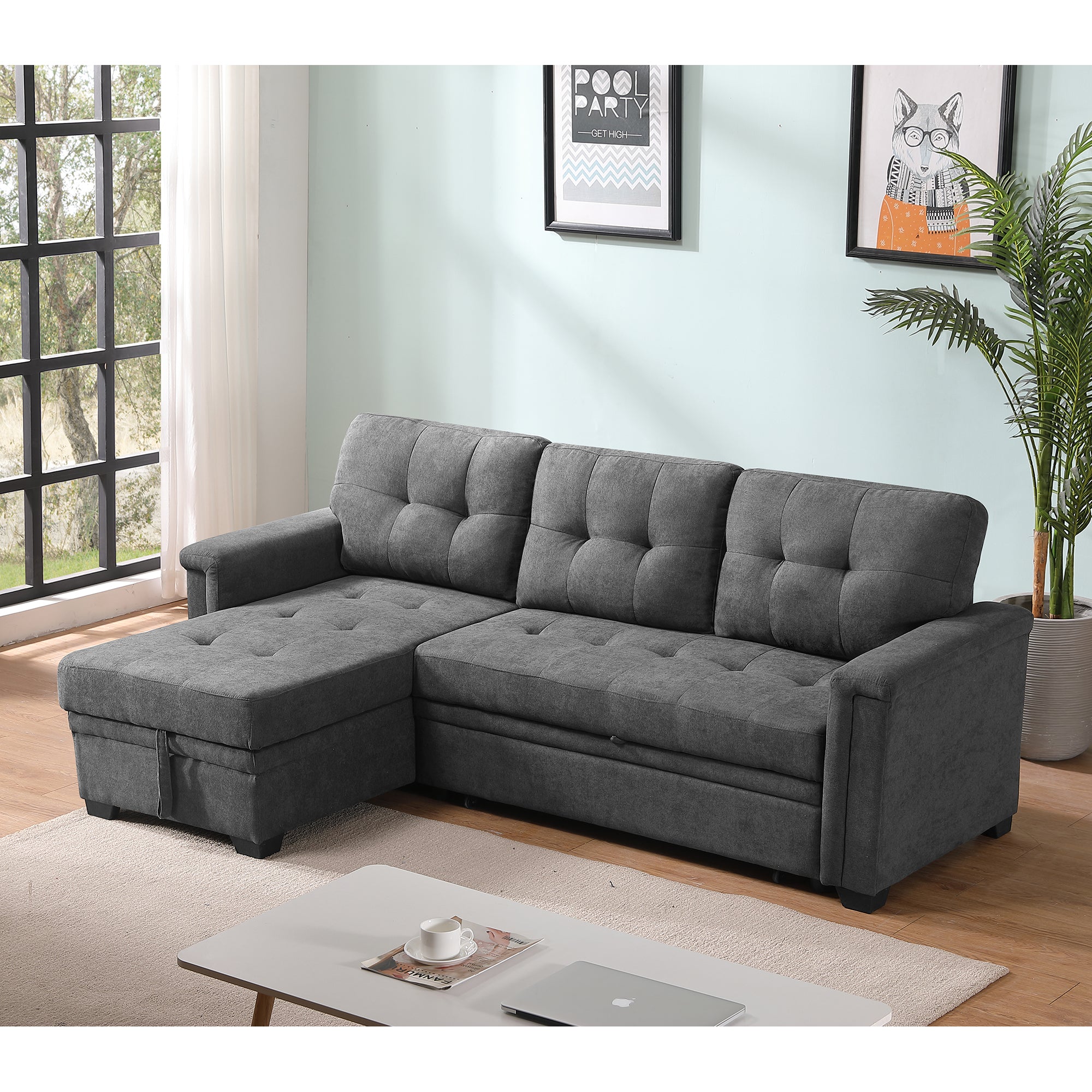 Lilola House Ashlyn Woven Fabric Sleeper Sectional Sofa Chaise, USB Plug, Gray