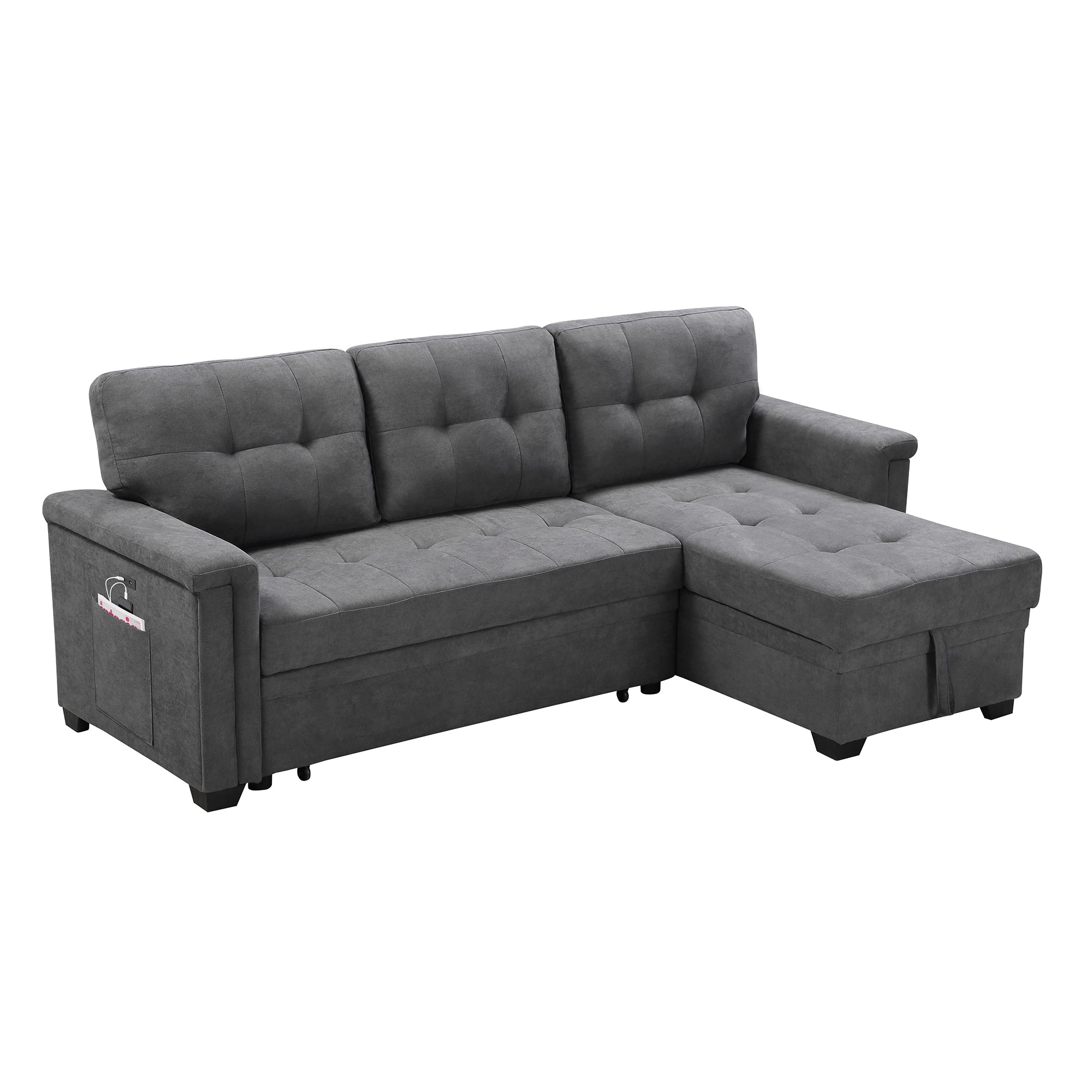 Lilola House Ashlyn Woven Fabric Sleeper Sectional Sofa Chaise, USB Plug, Gray