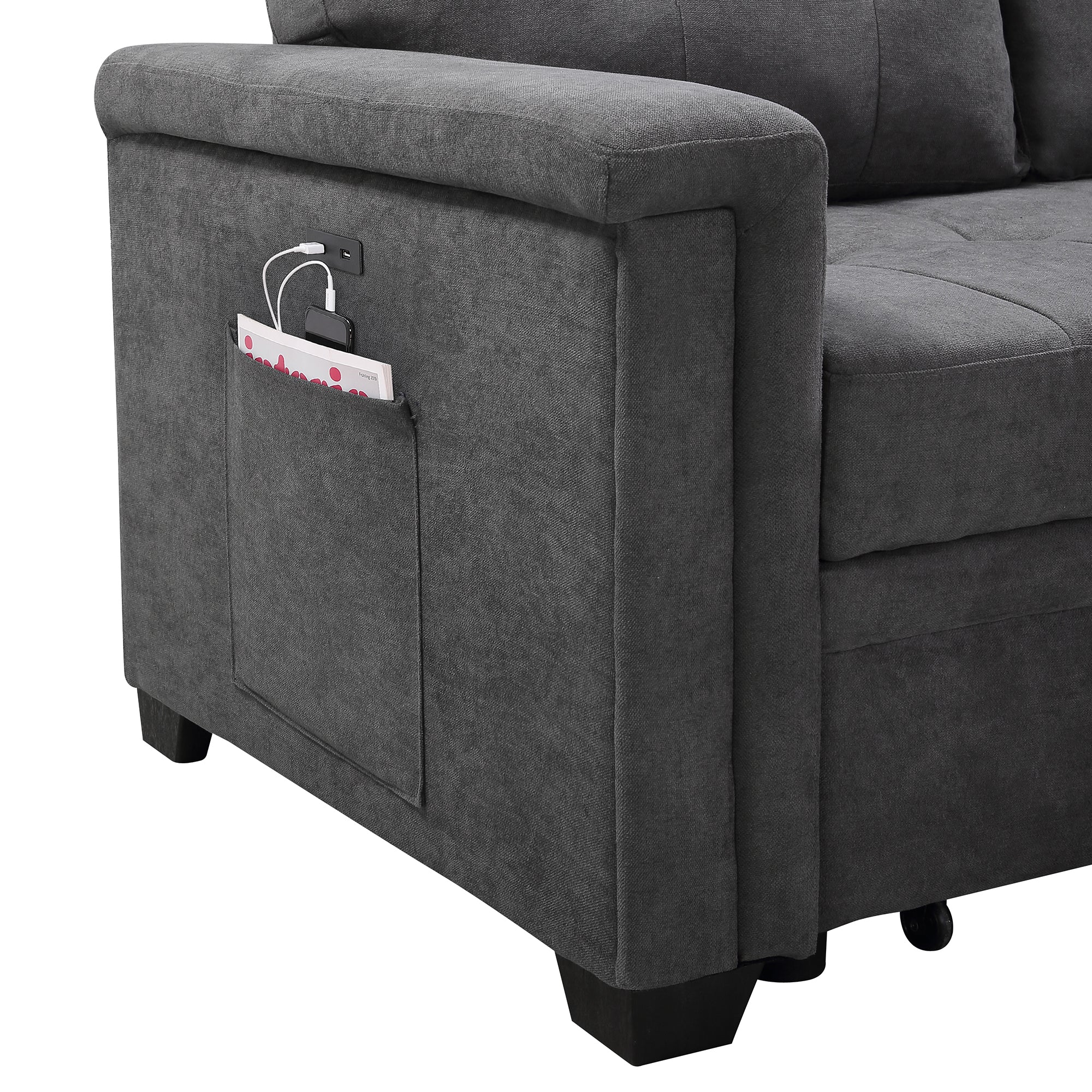 Lilola House Ashlyn Woven Fabric Sleeper Sectional Sofa Chaise, USB Plug, Gray