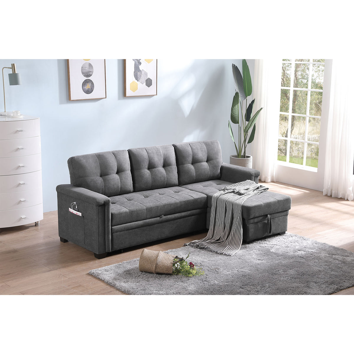 Lilola House Ashlyn Fabric Sleeper Sectional Sofa Chaise w/ 2 USB Plugs, Gray (Used)