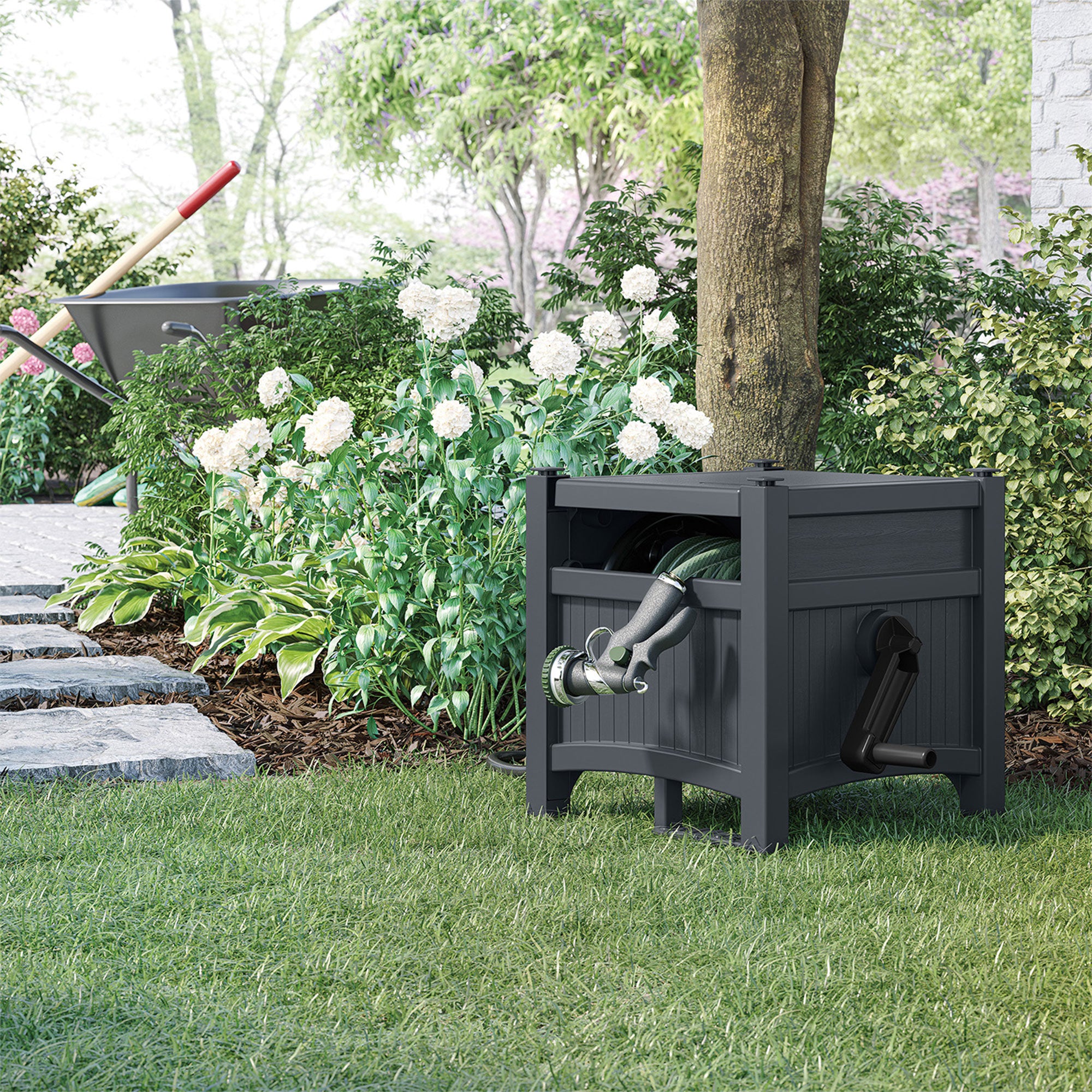 Suncast 100' Resin Garden Hose Reel & Hideaway Outdoor 33 Gal Garbage Bin, Grey