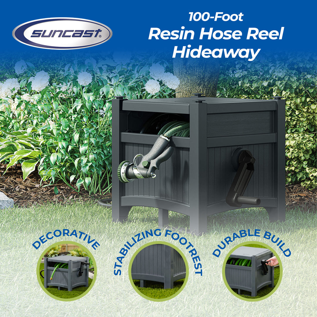 Suncast Hideaway 100' Resin Garden Hose Reel for 5/8" Hoses, Cyberspace - VMInnovations