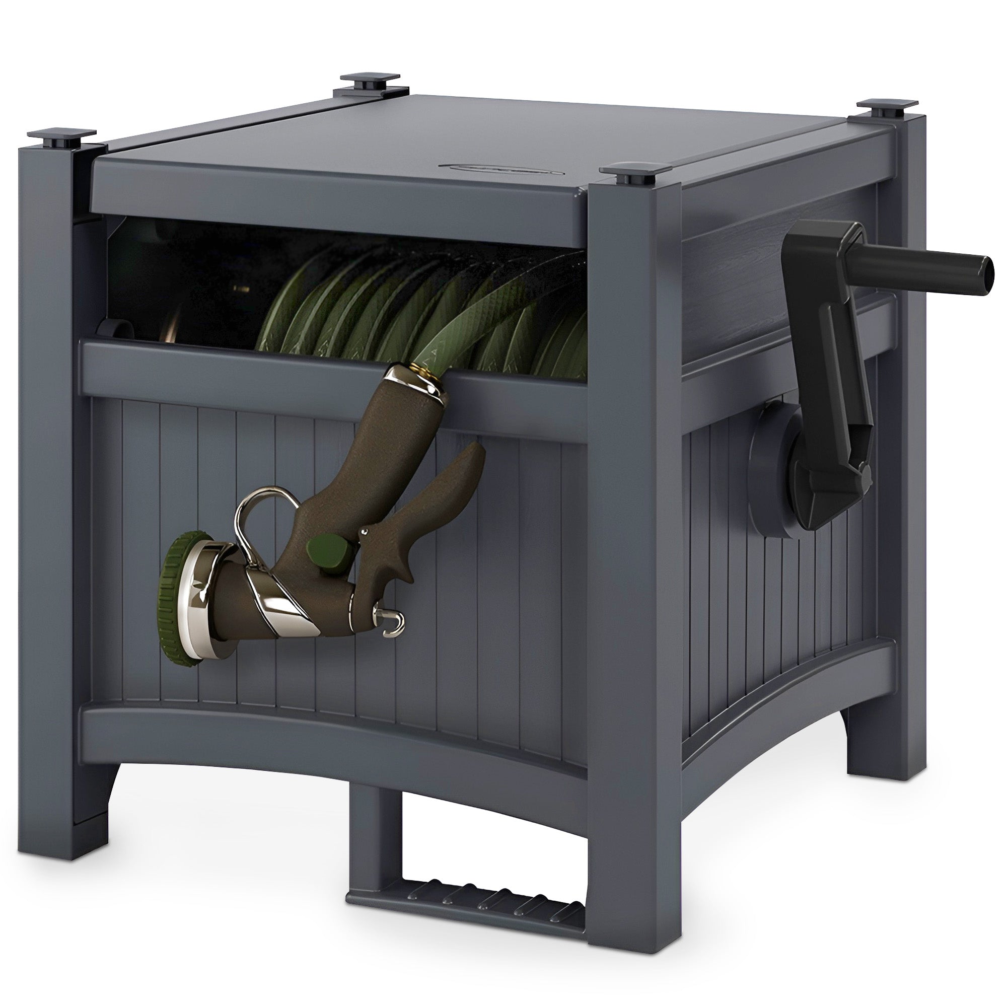 Suncast 100' Resin Garden Hose Reel & Hideaway Outdoor 33 Gal Garbage Bin, Grey