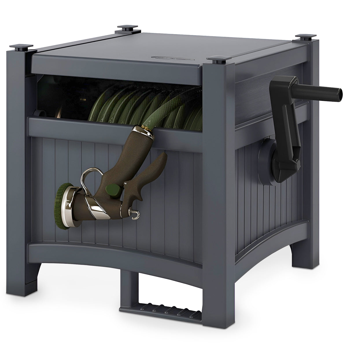 Suncast 100' Resin Garden Hose Reel & Hideaway Outdoor 33 Gal Garbage Bin, Grey