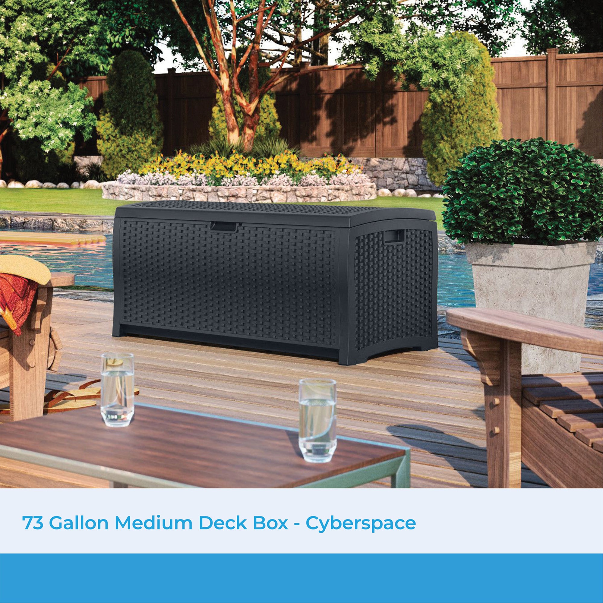 Suncast 73 Gallon Resin Wicker Outdoor Patio Storage Deck Box, Cyberspace - VMInnovations