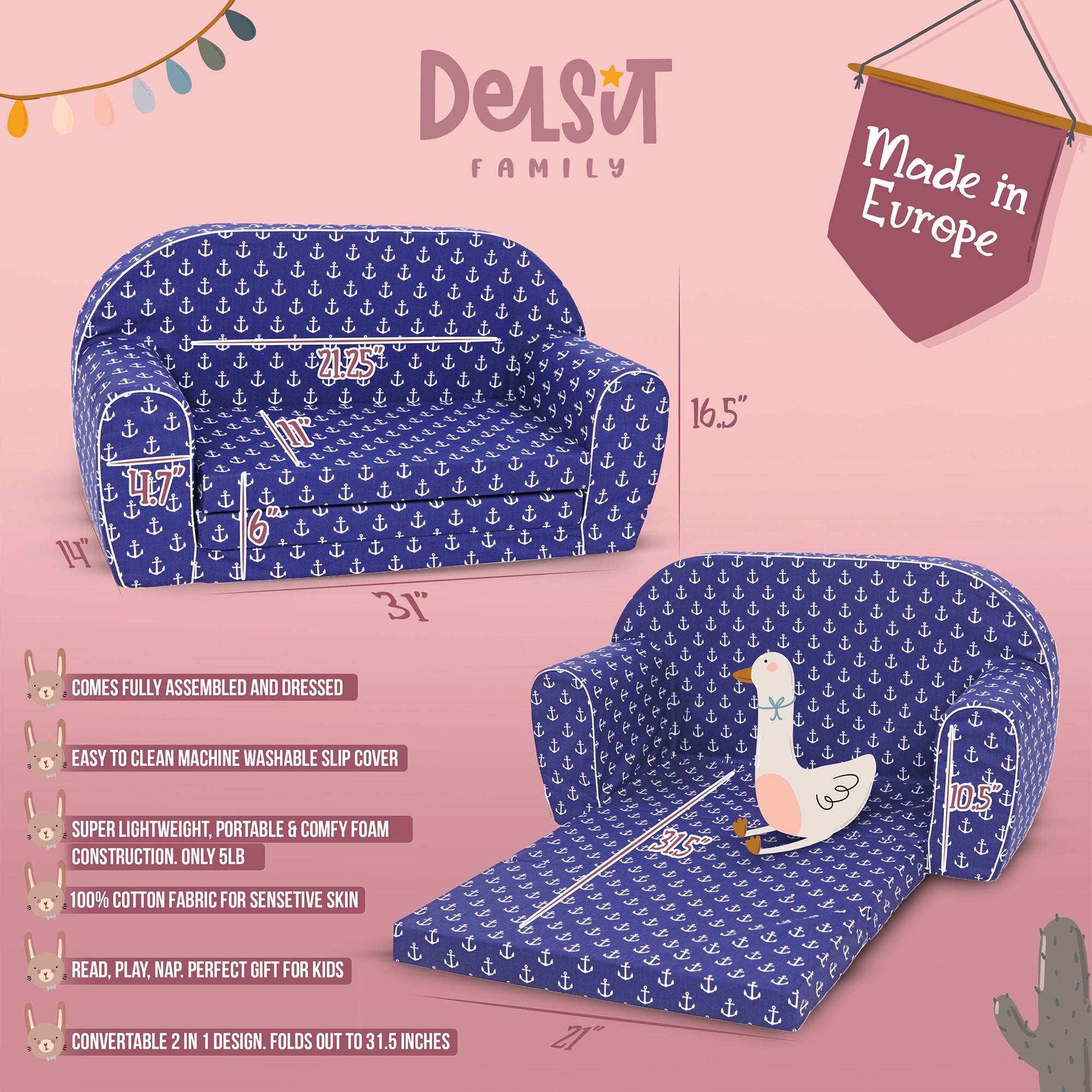 Delsit Toddler Couch and Kids 2 in 1 Flip Open Foam Double Sofa, Navy Anchors