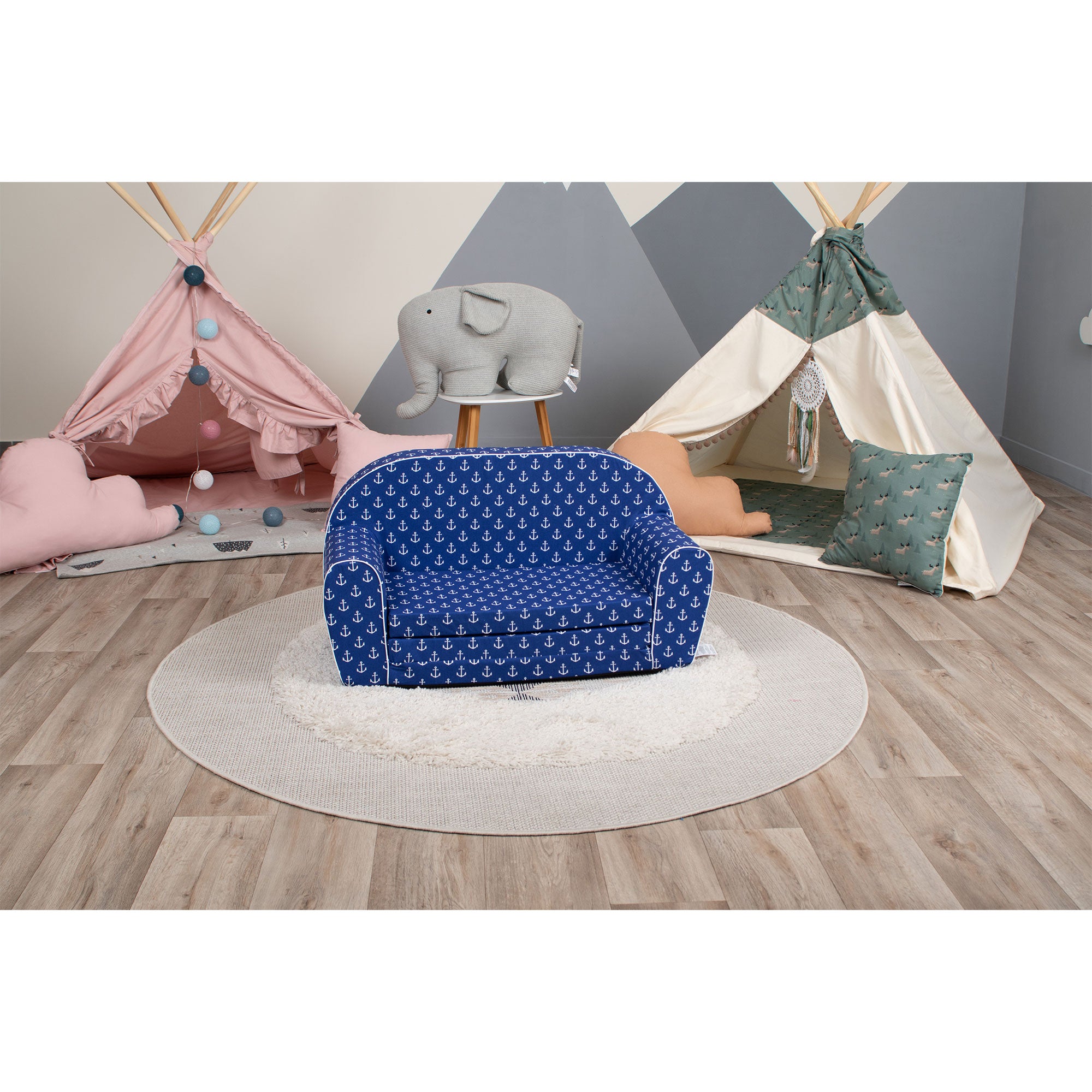 Delsit Toddler Couch and Kids 2 in 1 Flip Open Foam Double Sofa, Navy Anchors