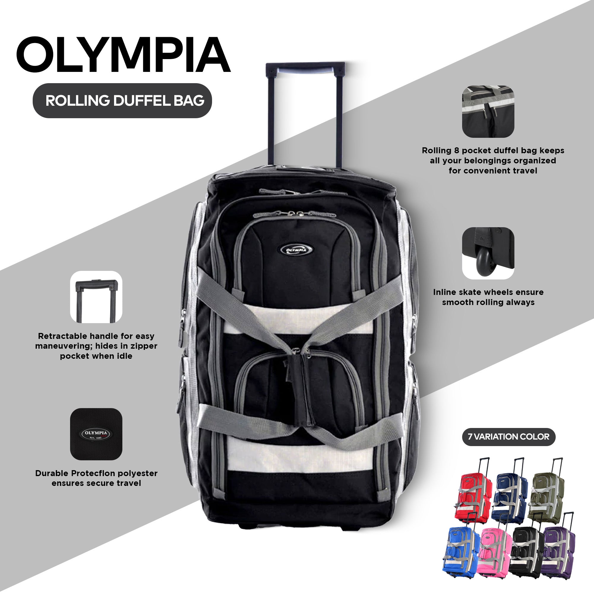 Olympia 22" 8 Pocket Rolling Duffel Bag with Retractable Handle (Open Box) - VMInnovations