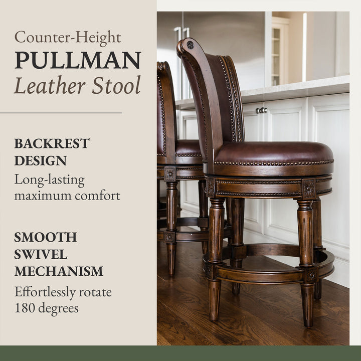 Maven Lane Pullman Counter Stool, Dark Walnut Finish w/ Vintage Brown Vegan Leather - VMInnovations