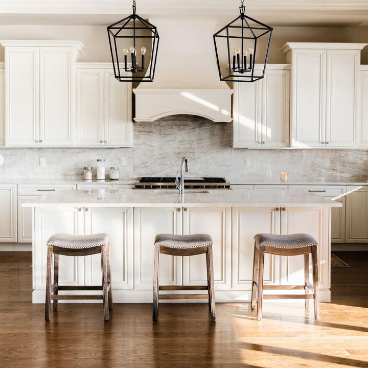 Maven Lane Adrien Backless Saddle Kitchen Counter Stool in Walnut Finish w/ Grey Fabric Upholstery - VMInnovations