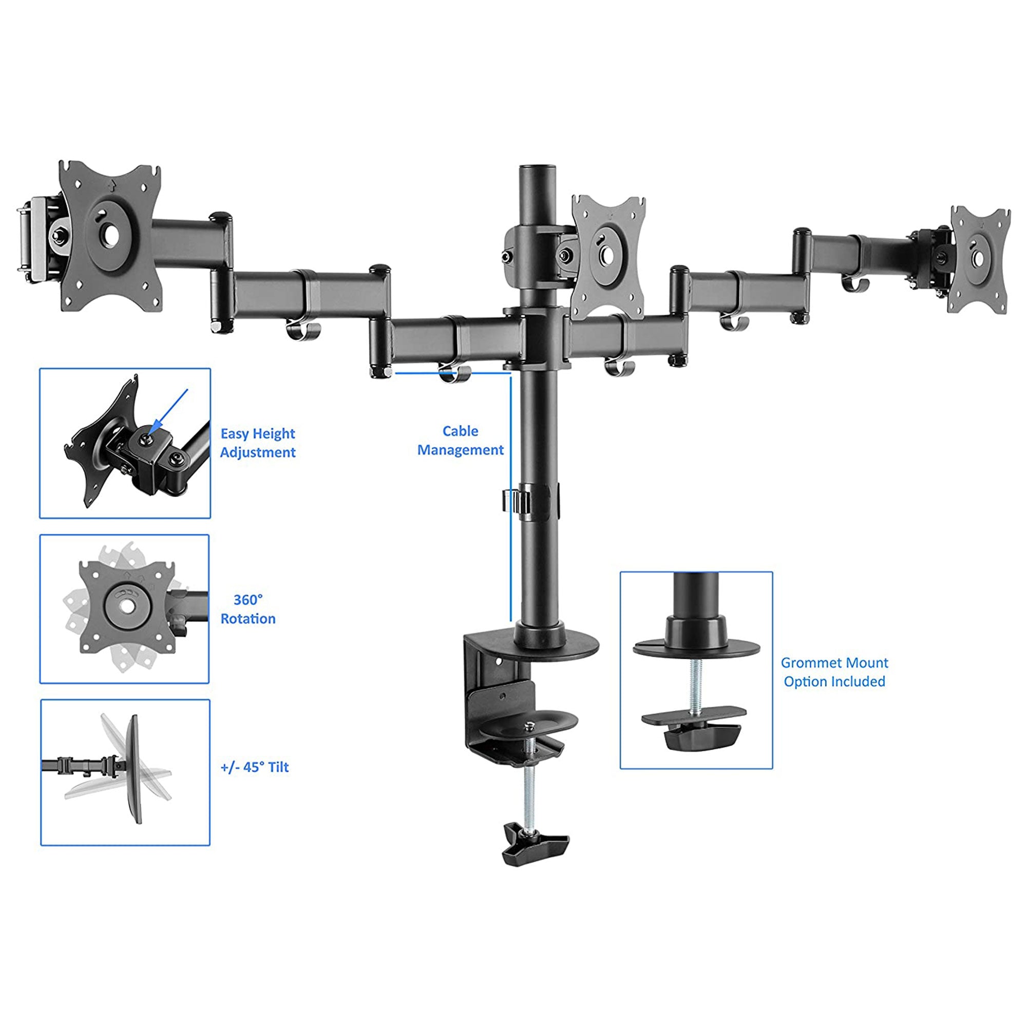 Rocelco Premium Adjustable Triple Monitor Desk Mount, Fits 13-27 In LED Screens - VMInnovations