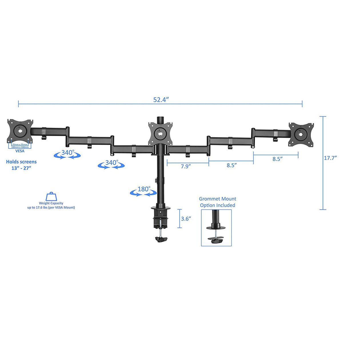 Rocelco 46 Inch Adjustable Standing Desk + Adjustable Triple Monitor Desk Mount