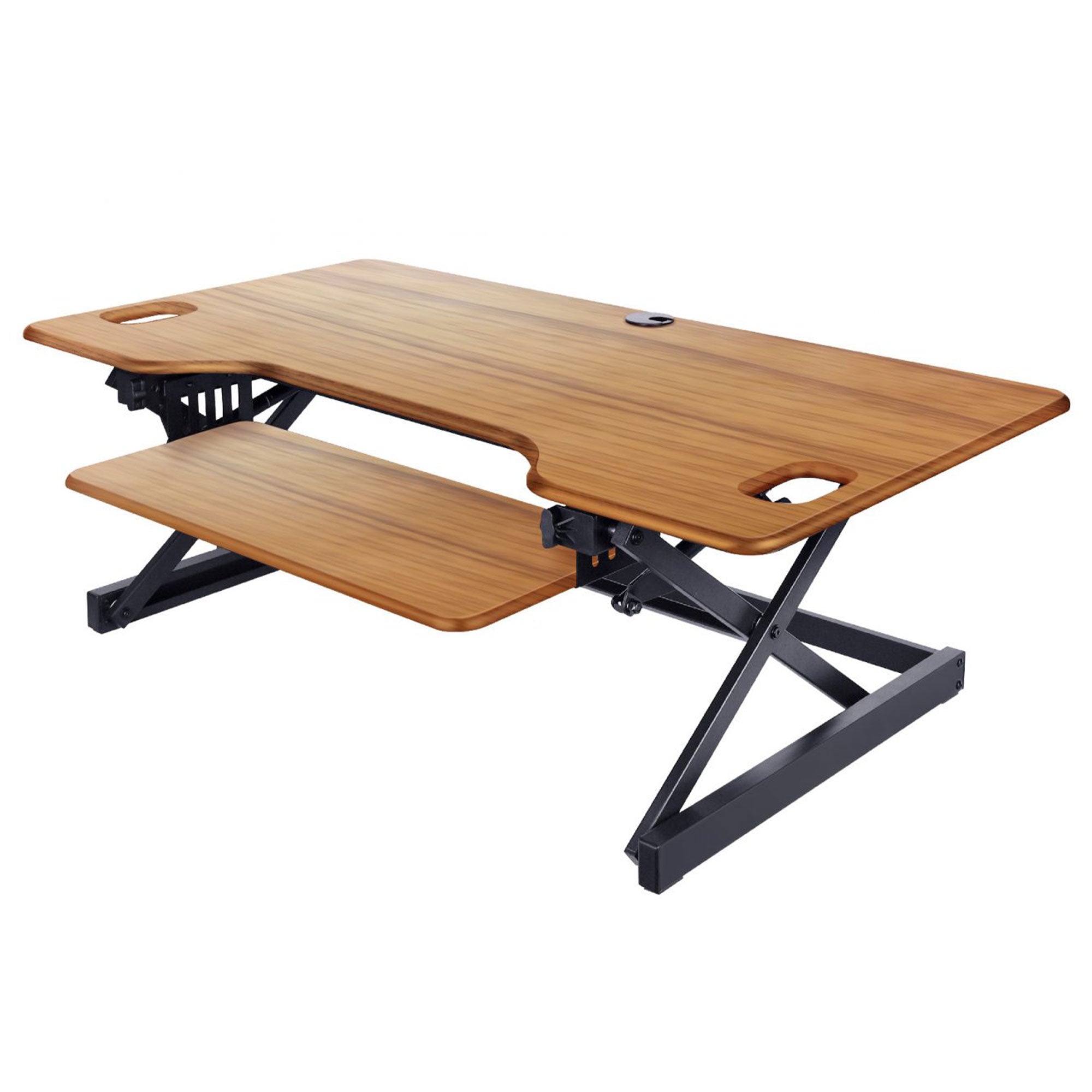 Rocelco 46 In Standing Desk Converter, Teak & Adjustable Dual Monitor Desk Mount - VMInnovations