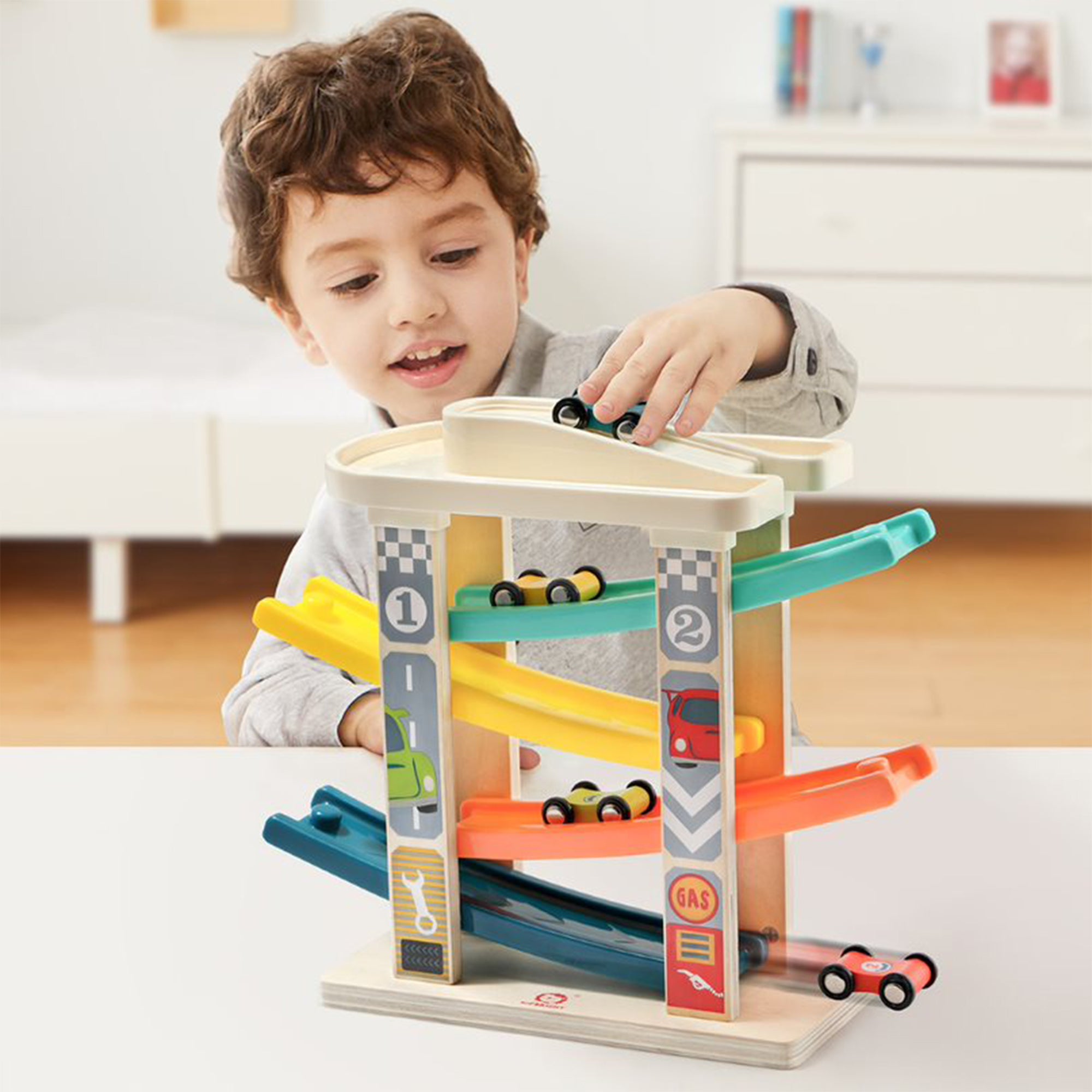 Topbright Toys Ramp Racer Tower with 4 Wooden Race Cars for Toddlers (Open Box) - VMInnovations