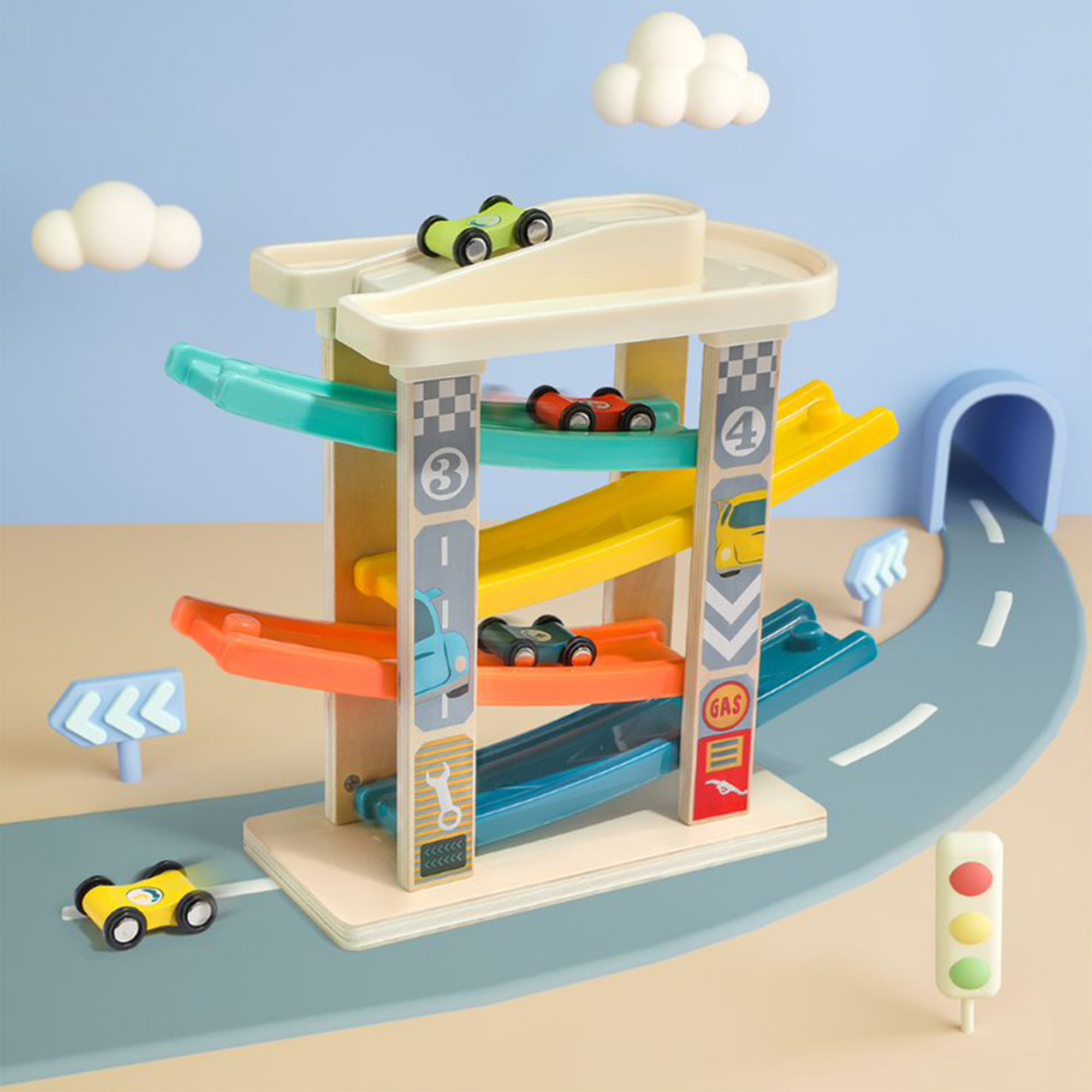 Topbright Toys Ramp Racer Tower with 4 Wooden Race Cars for Toddlers (Open Box) - VMInnovations
