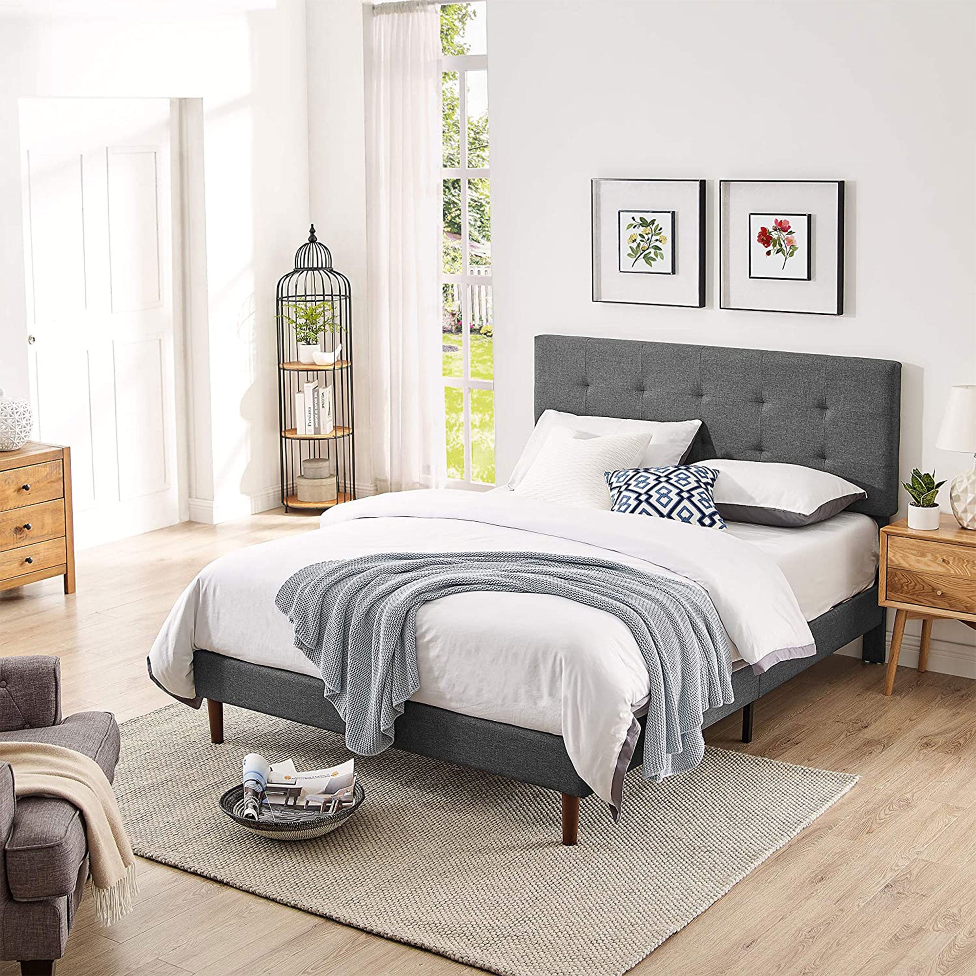 BIKAHOM Upholstered Platform Bed w/Square Stitch Headboard, King,Dark Grey(Used) - VMInnovations