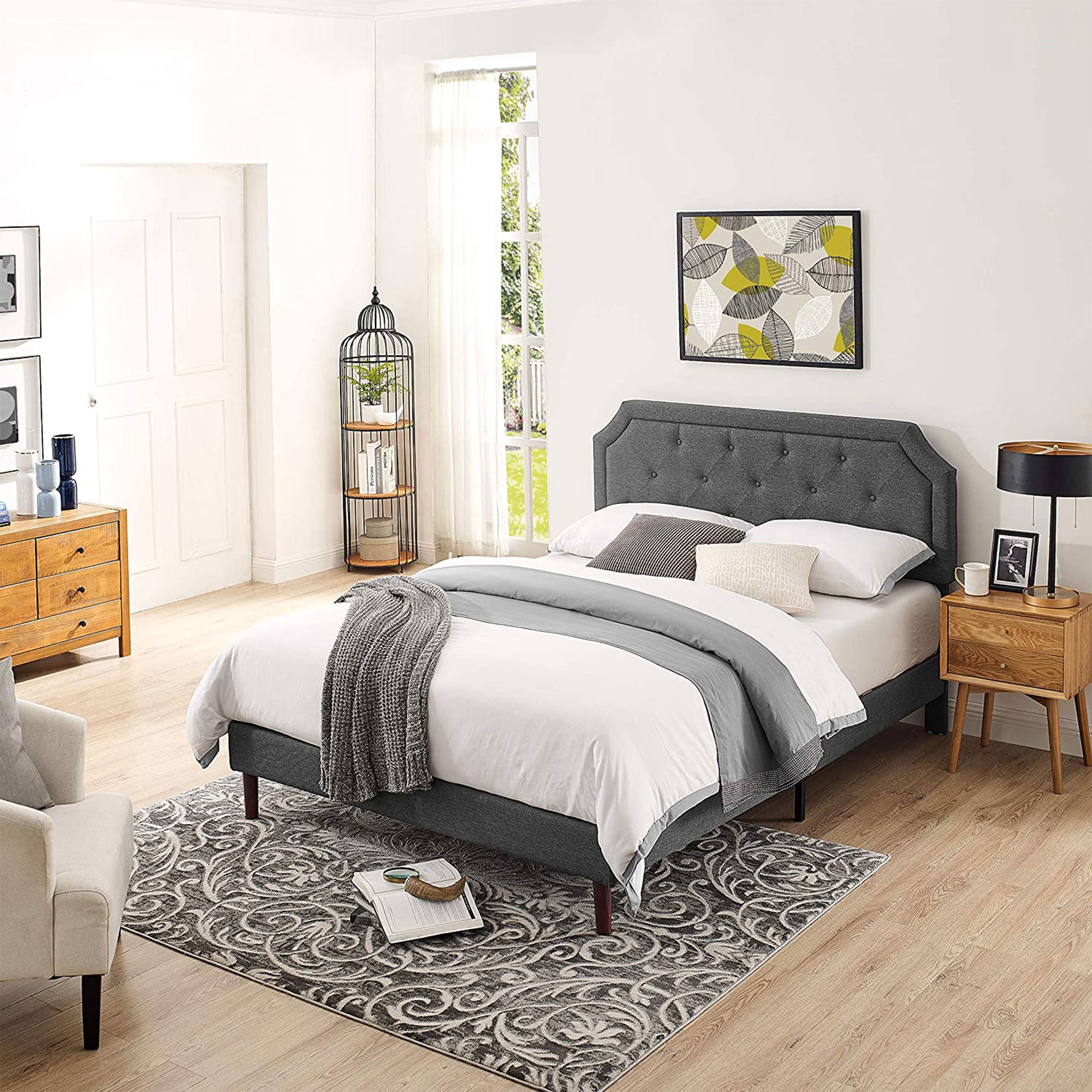 Upholstered Platform Bed with Button Tufted Headboard, King, Grey (Open Box) - VMInnovations