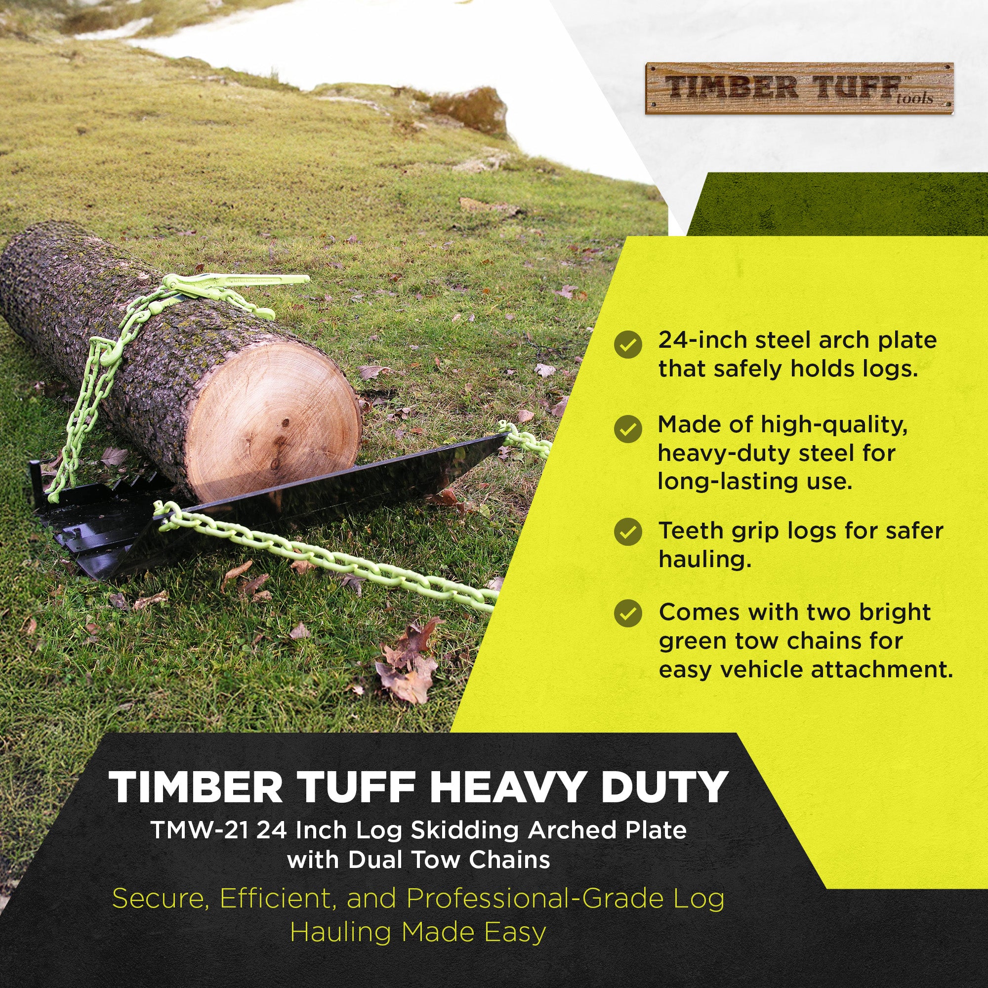 Timber Tuff TMW-21 24 Inch Log Skidding Arched Plate with Dual Tow Chains, Black - VMInnovations