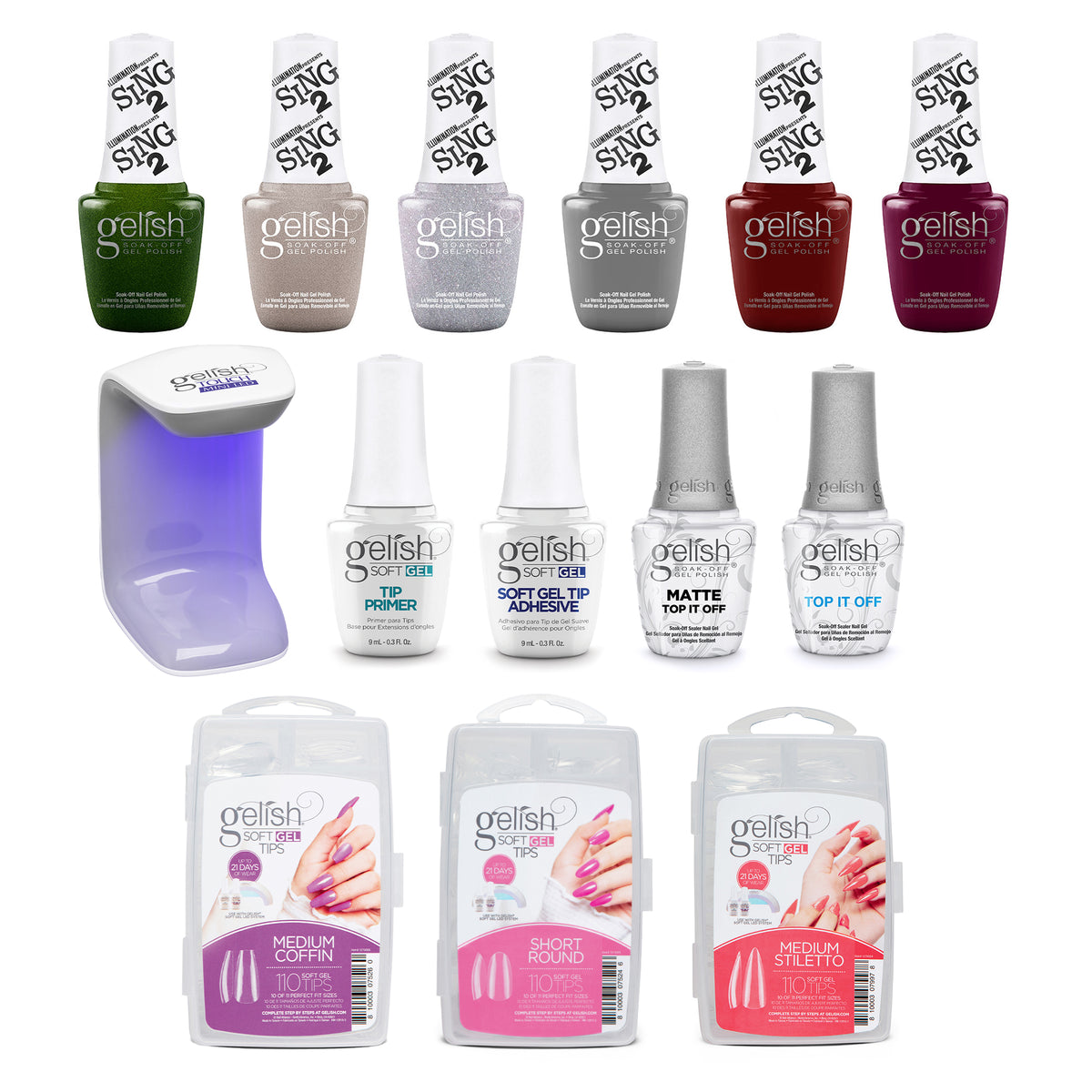 Gelish Mini Winter Sing 2 Gel Polish Set, 330 Count Nail Tip Kit, and Clear Coat