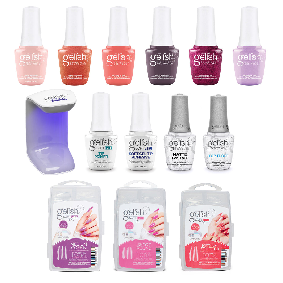 Gelish Sunrise Shimmering Gel Polish, 6 Pack, 330 Count Nail Kit, and Clear Coat