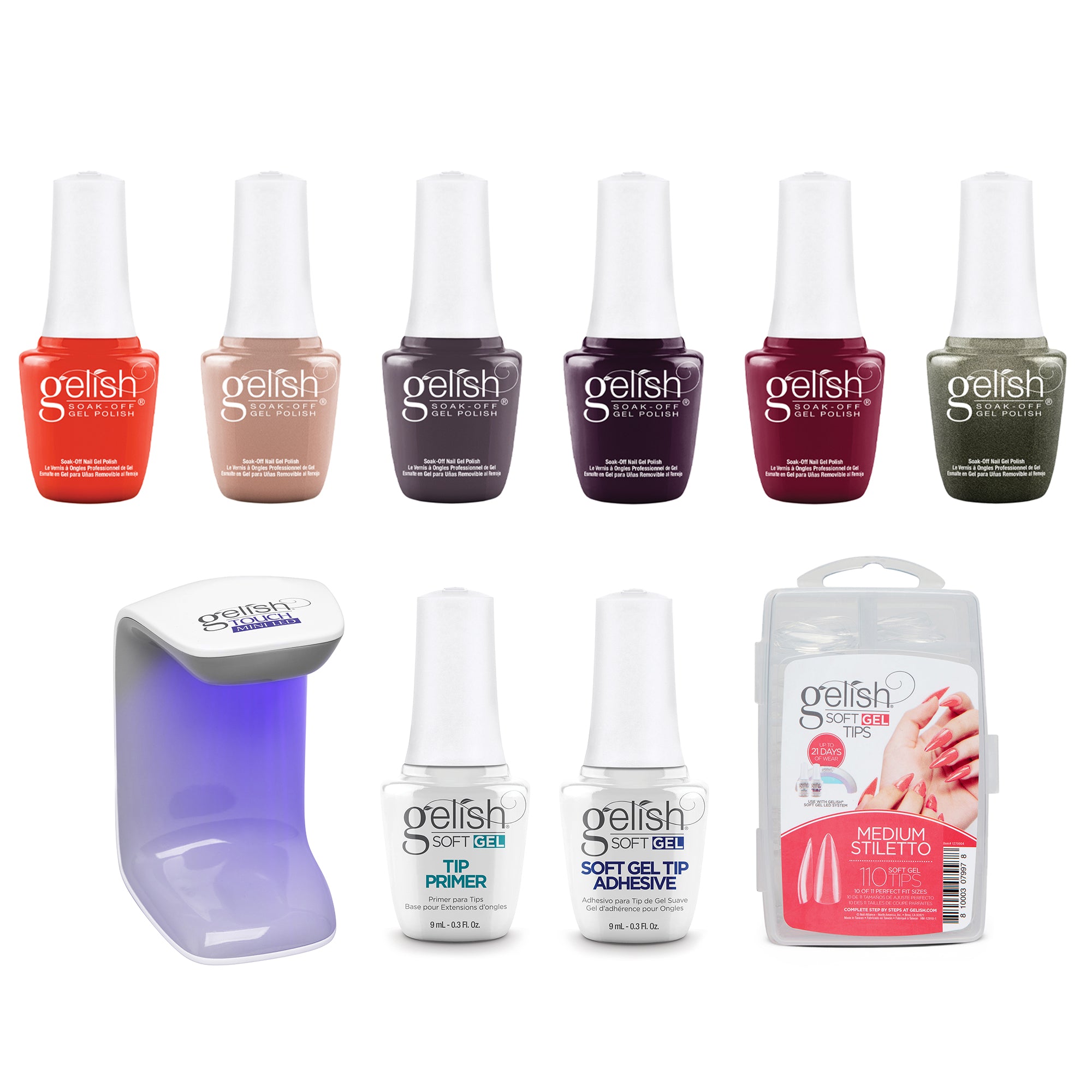 Gelish Mini Rendezvous Gel Nail Polish Set w/ 110 Stiletto Tips Kit & LED Light - VMInnovations