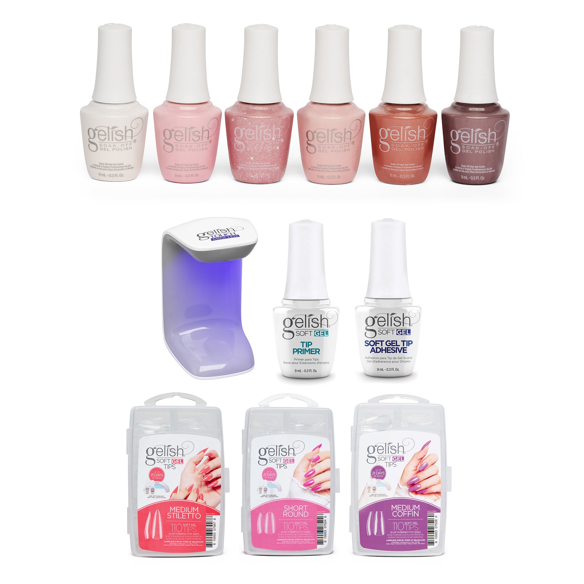 Gelish Core Pretty In Pink 9mL Polish Set, 6 Pack with 330 Count 3 Type Nail Kit