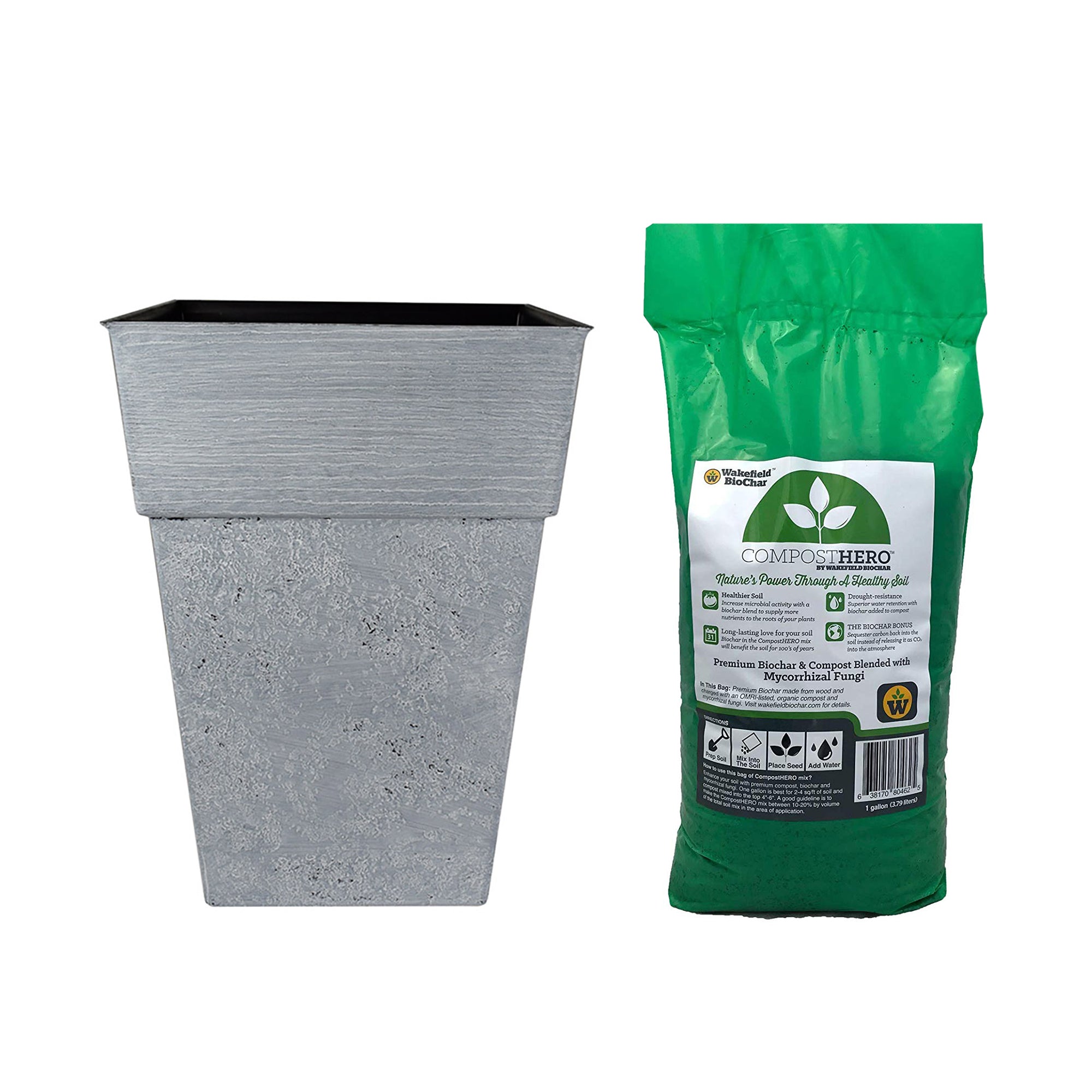 HC Companies Avino Square Resin Planter Pot w/ Wakefield HERO Garden Compost