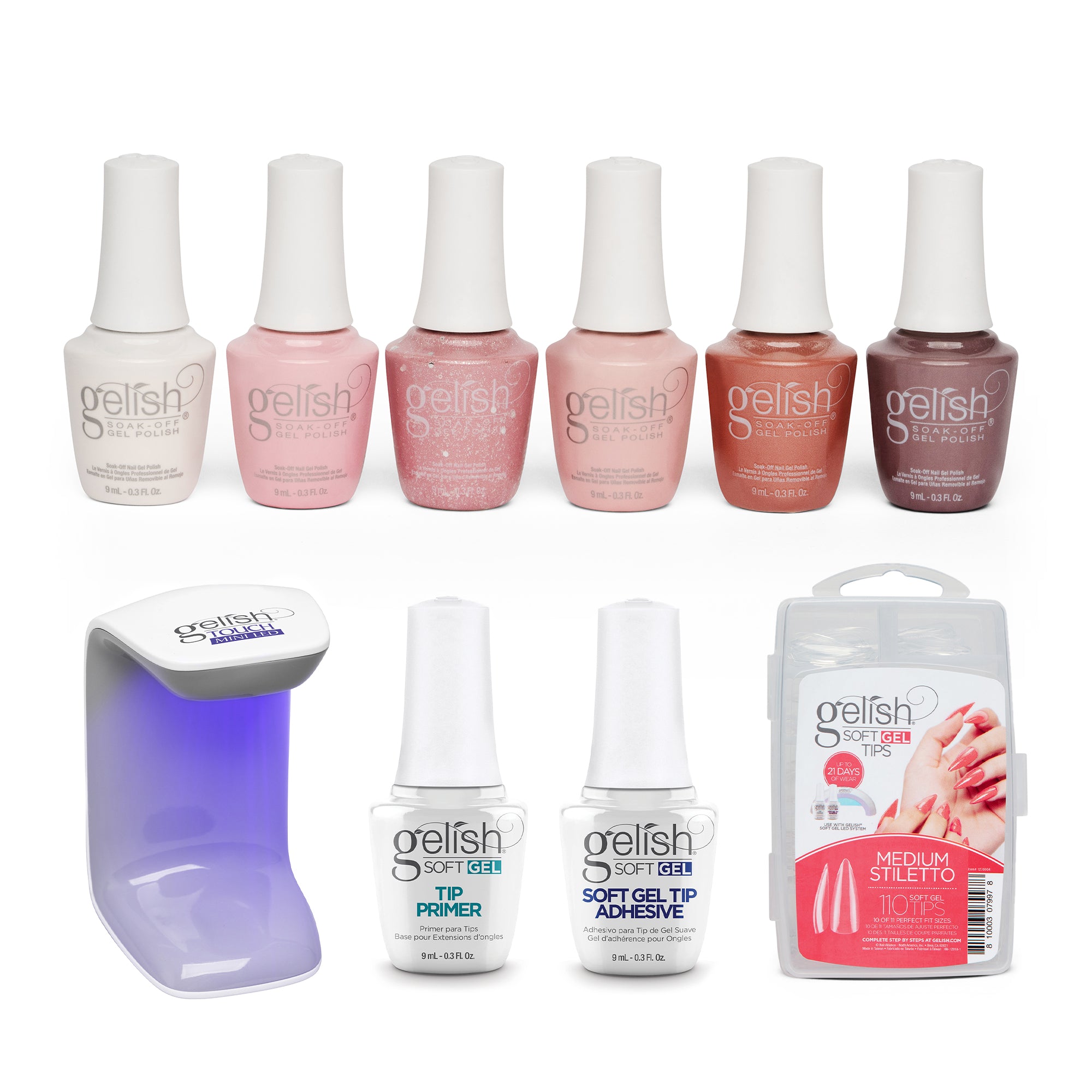 Gelish Pretty In Pink Gel Nail Polish Set w/ 110 Stiletto Tips Kit & LED Light - VMInnovations