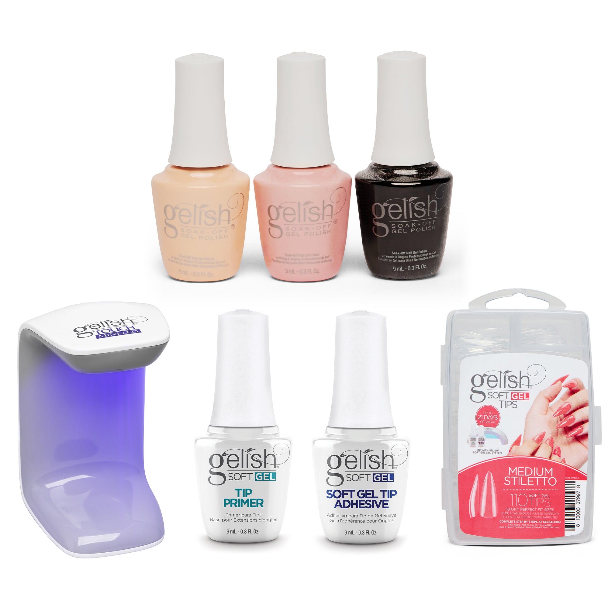 Gelish Mini Core Classic Gel Nail Polish Set w/ 110 Stiletto Tips & LED Light - VMInnovations