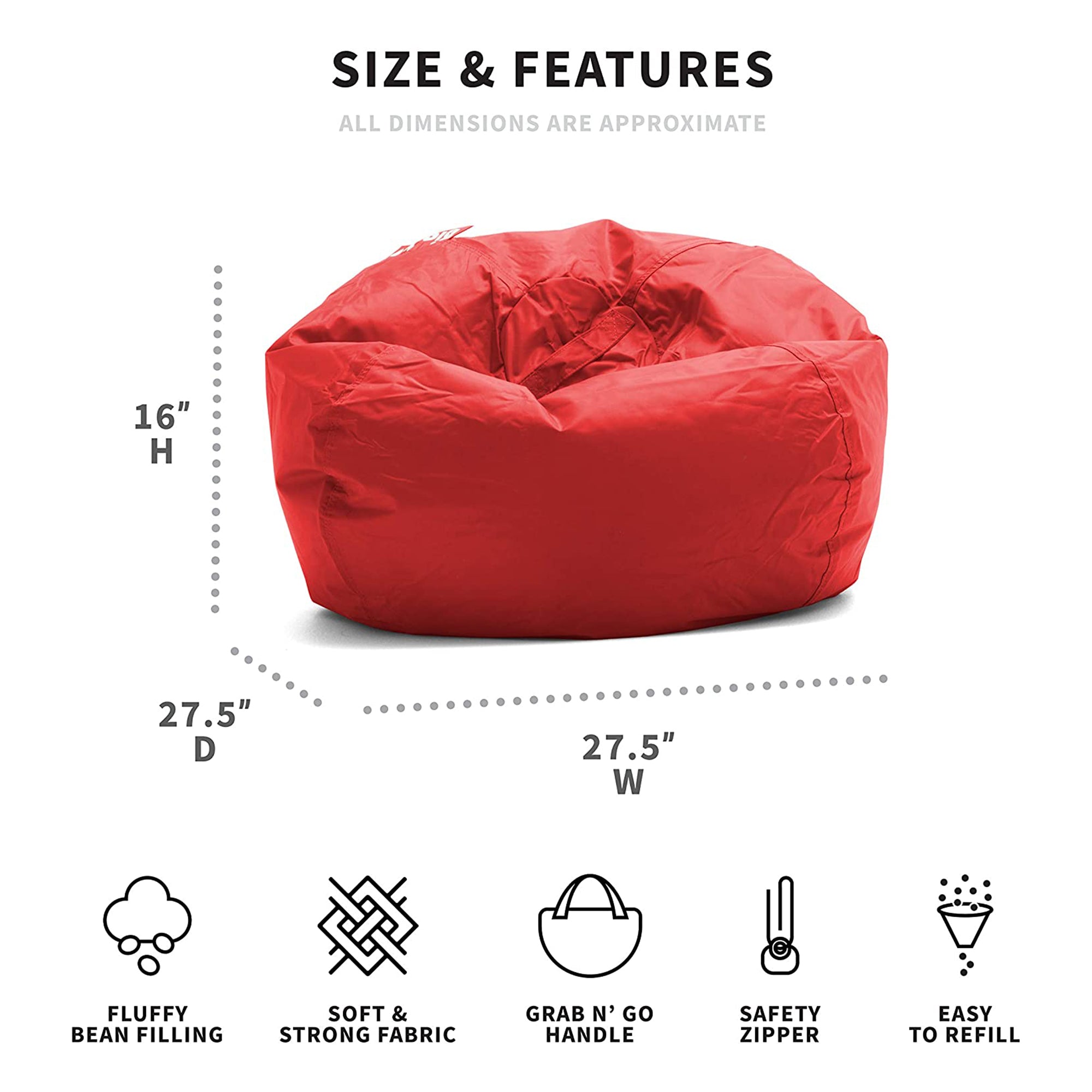 Big Joe Smartmax Classic Bean Bag Chair with Handles and Safety Zipper, Red