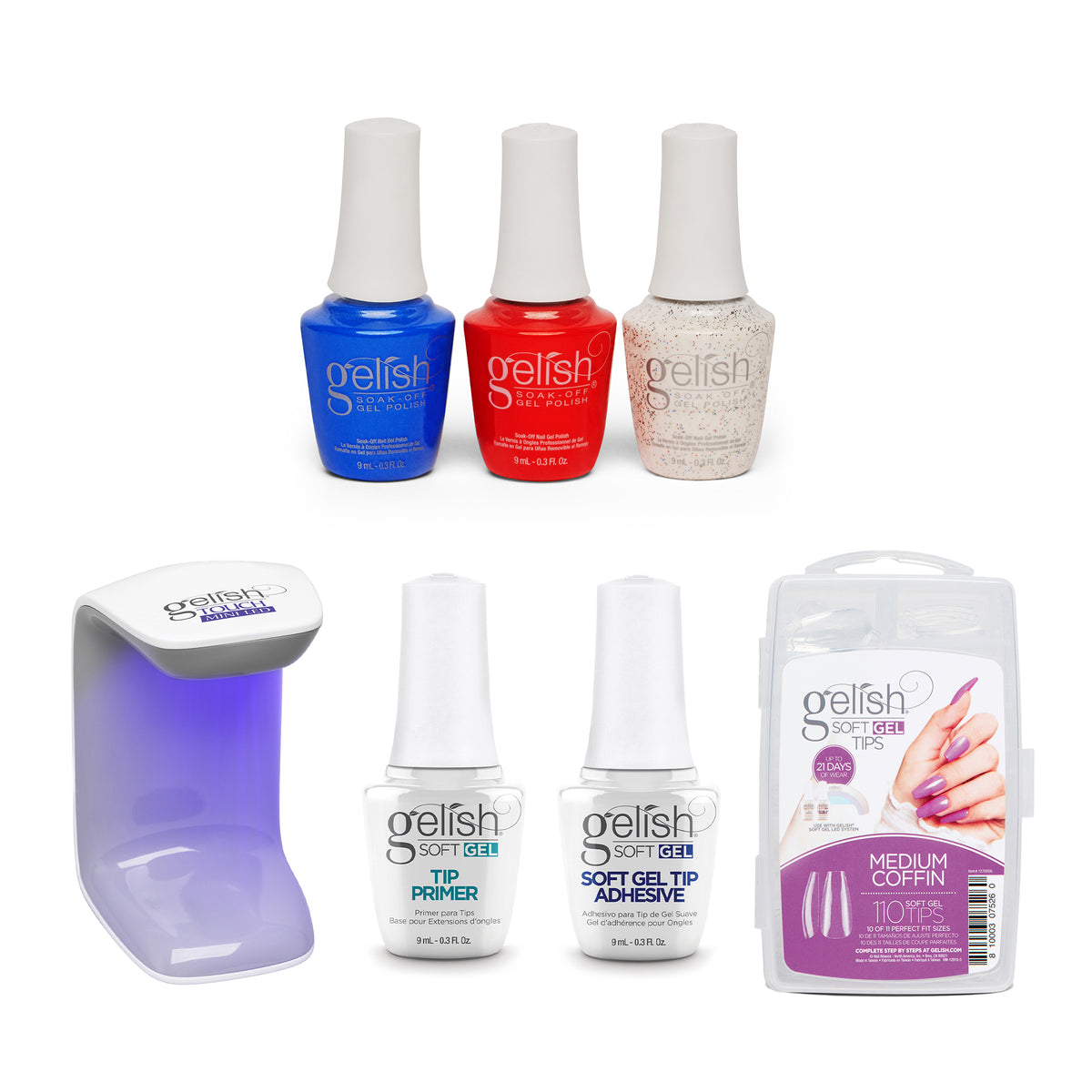 Gelish Mini Core Americana Gel Polish, 3 Pack and 110 Count Medium Coffin Kit