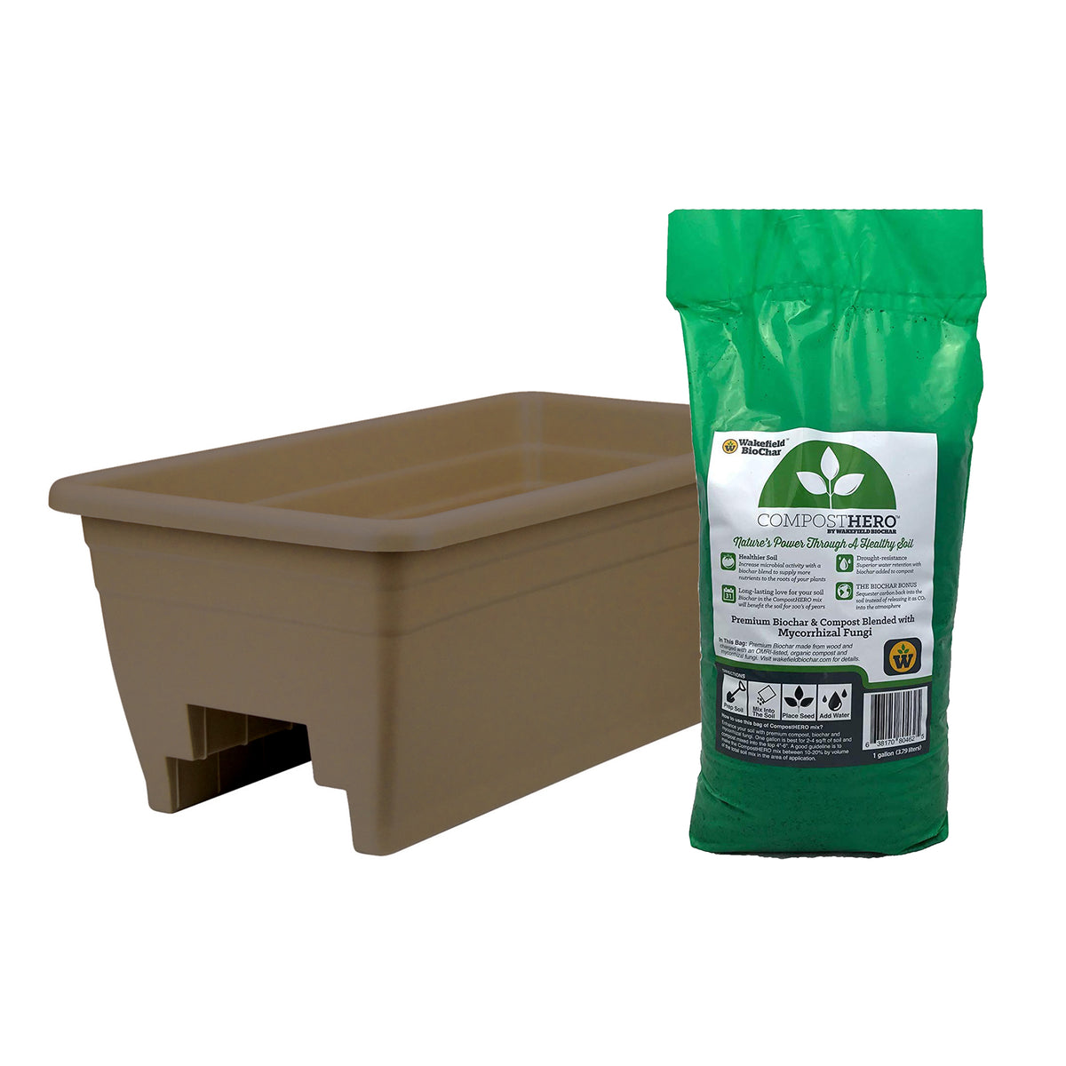 HC Companies 12in Railing Planter, Chocolate & Wakefield HERO 1 Gallon Compost