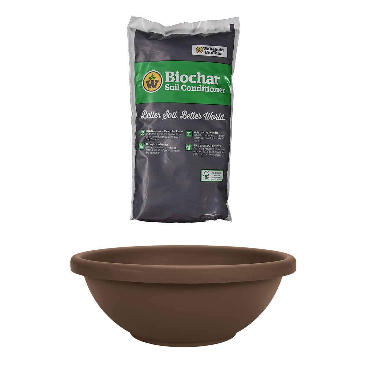 HC Companies 14in Round Planter, Chocolate & Wakefield Gallon Soil Conditioner