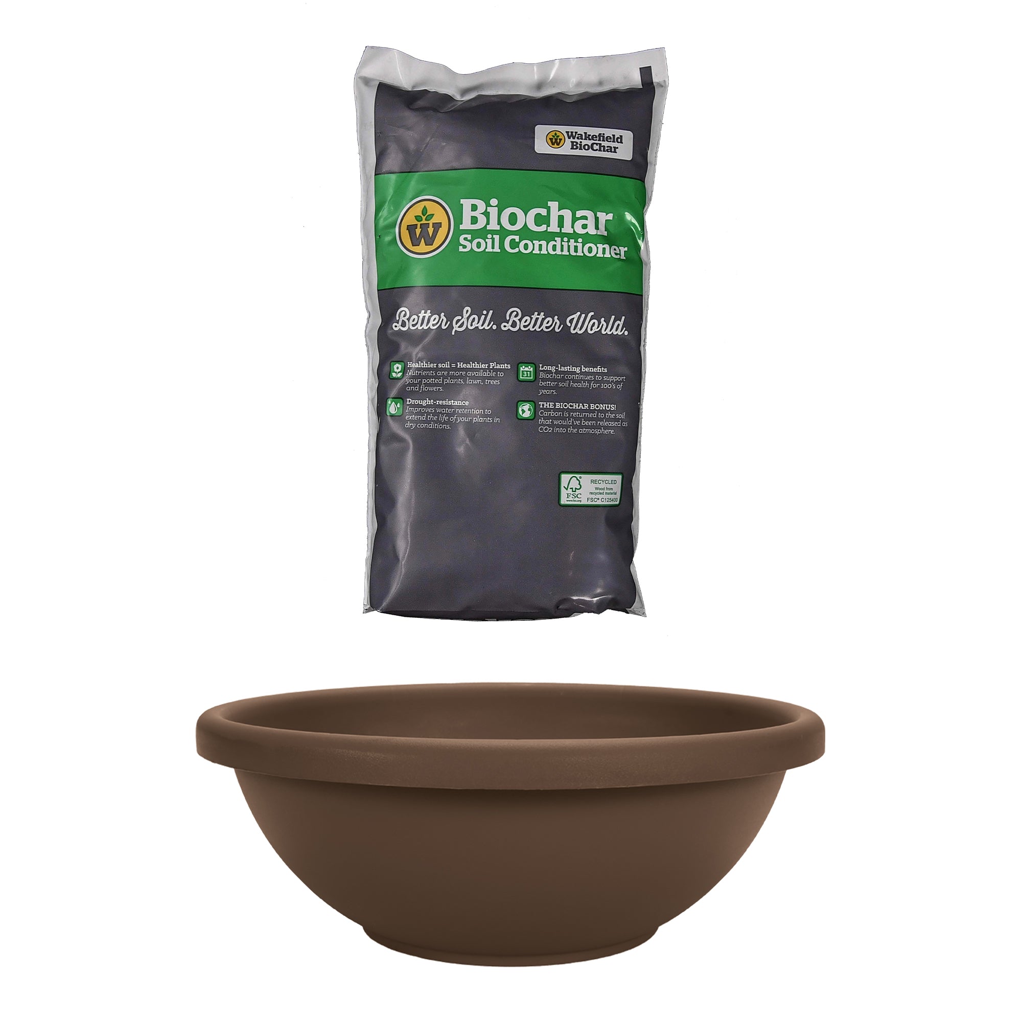 HC Companies 14in Round Planter, Chocolate & Wakefield Gallon Soil Conditioner - VMInnovations